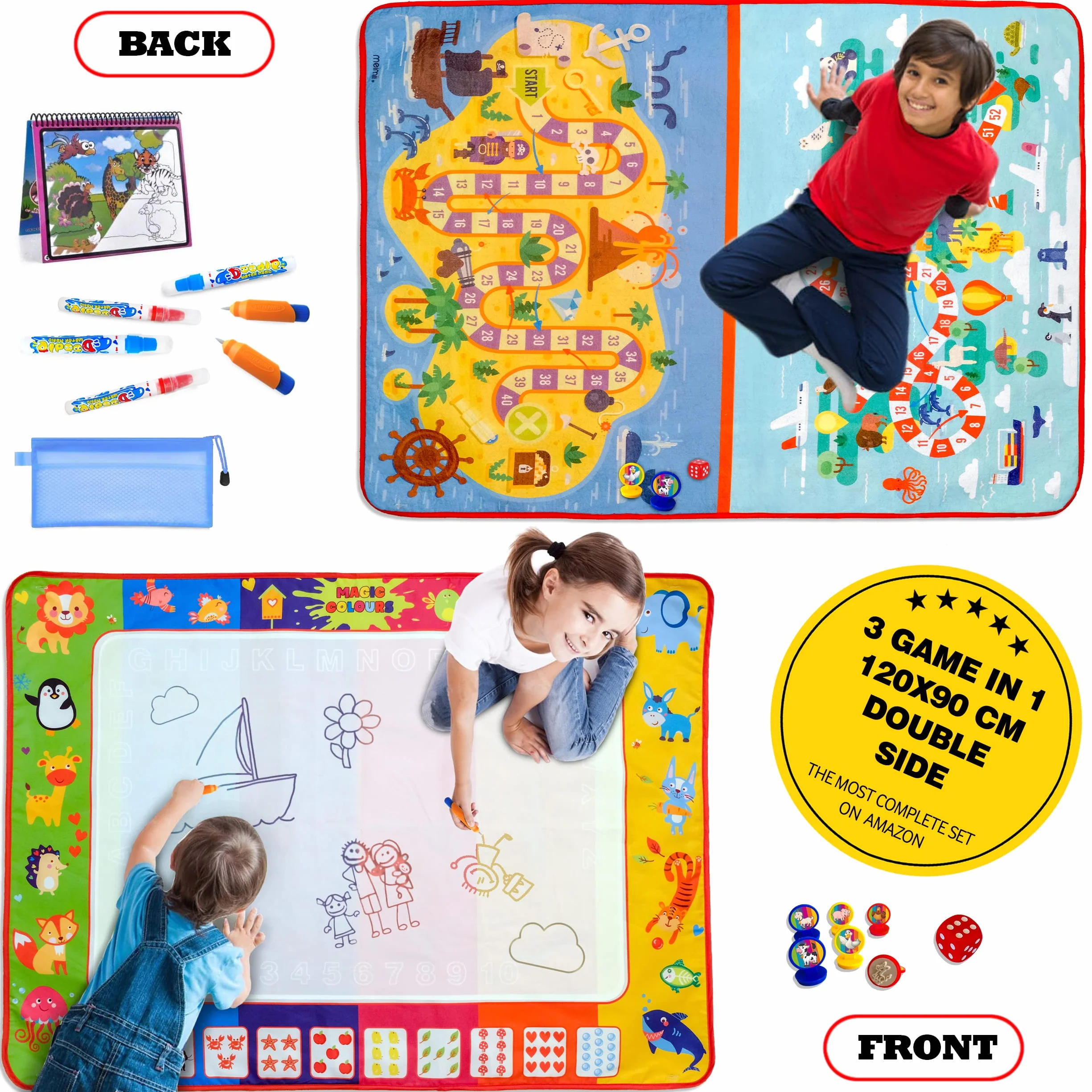 Tapis Magique Double Face 120x90cm Avec Accessoires, jeux éducatifs, tapis de dessin à eau, jouets pour enfants 2 3 4 5 ans Idée cadeau, Design déposé, Doodle, Aqua