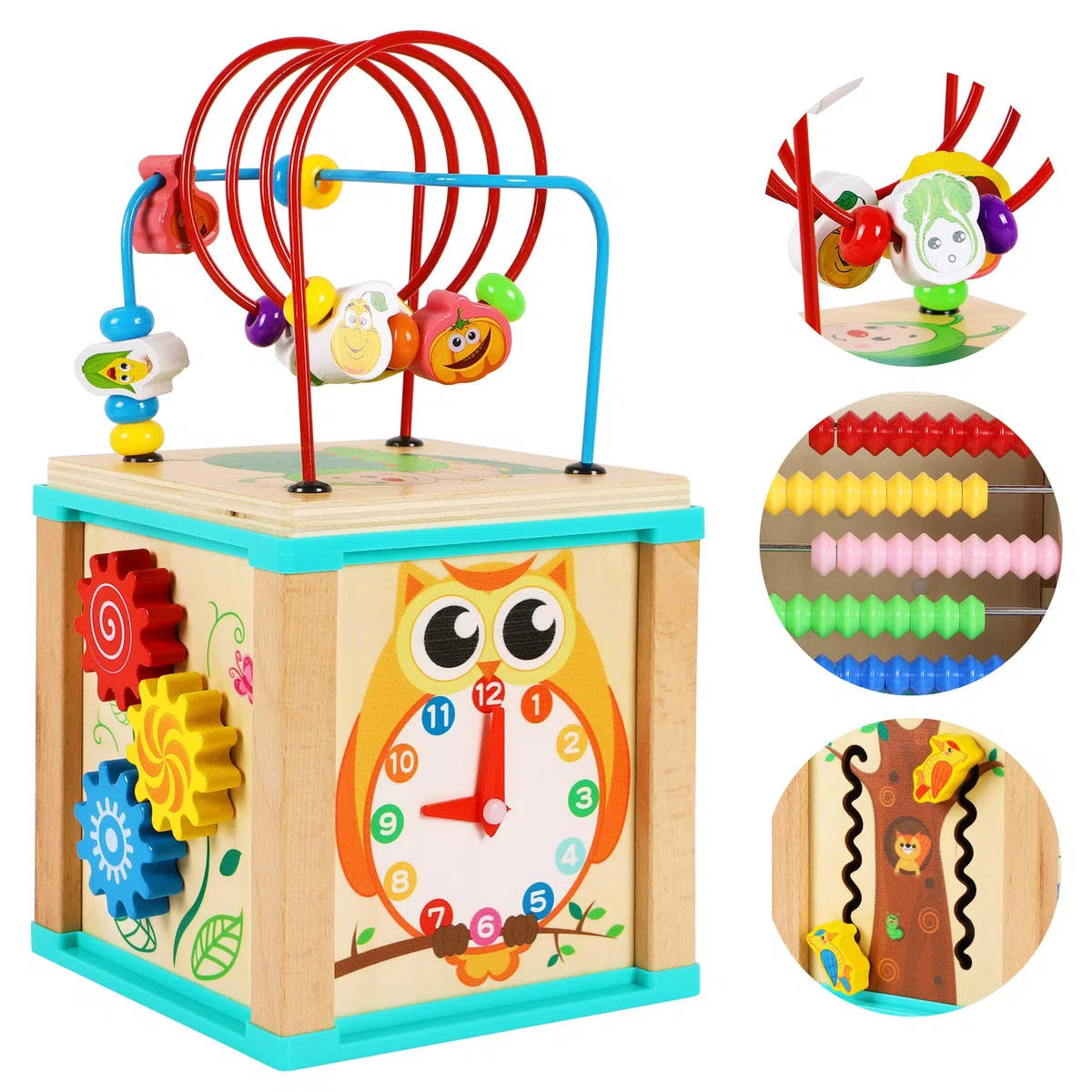 TOWO Labyrinthe de Perles Cube d'activité en Bois-5 activités montagnes russes boulier roues dentées engrenages horloge zig zag toboggan-jouets éducatifs précoces pour bébé 1 an Montessori