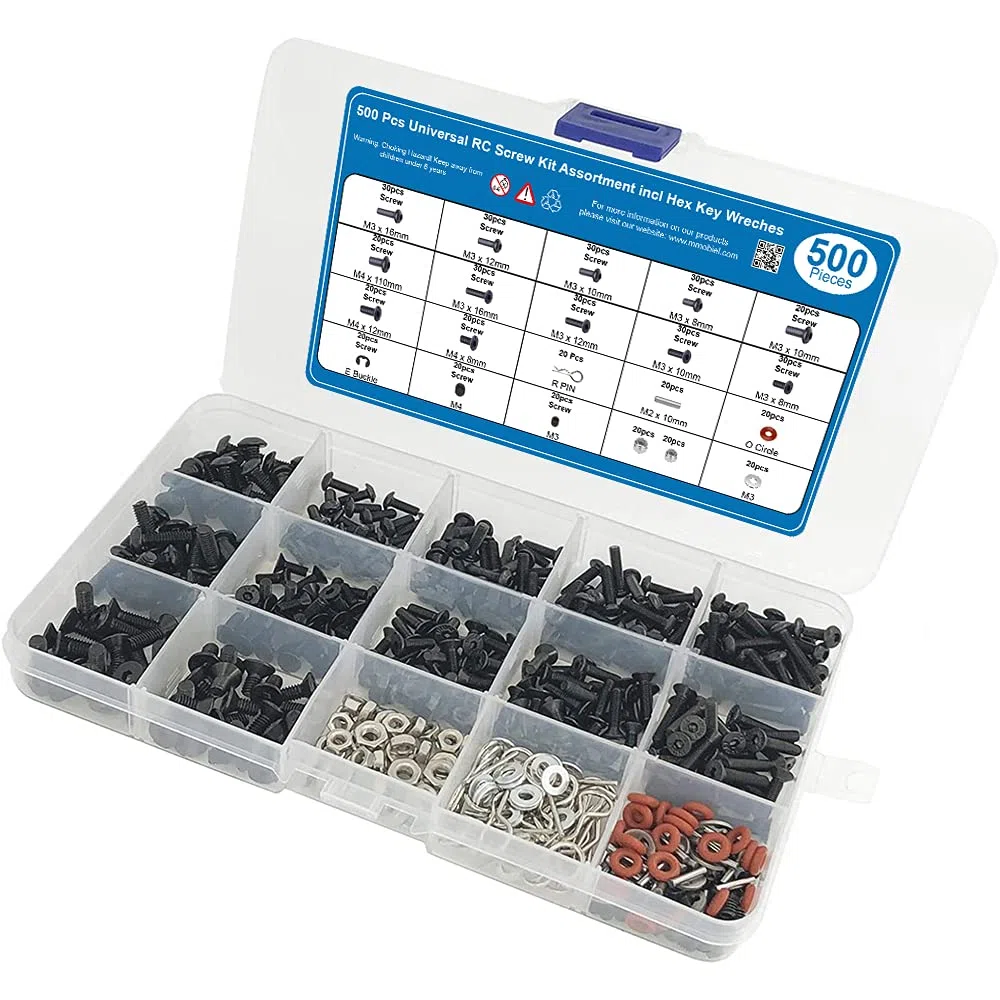 MMOBIEL 500 pièces Kit universel, vis à pans creux, écrous, boucles M3 M4 pour véhicules, véhicules à chenilles et camions télécommandés 1/8 1/10 1/12 1/16