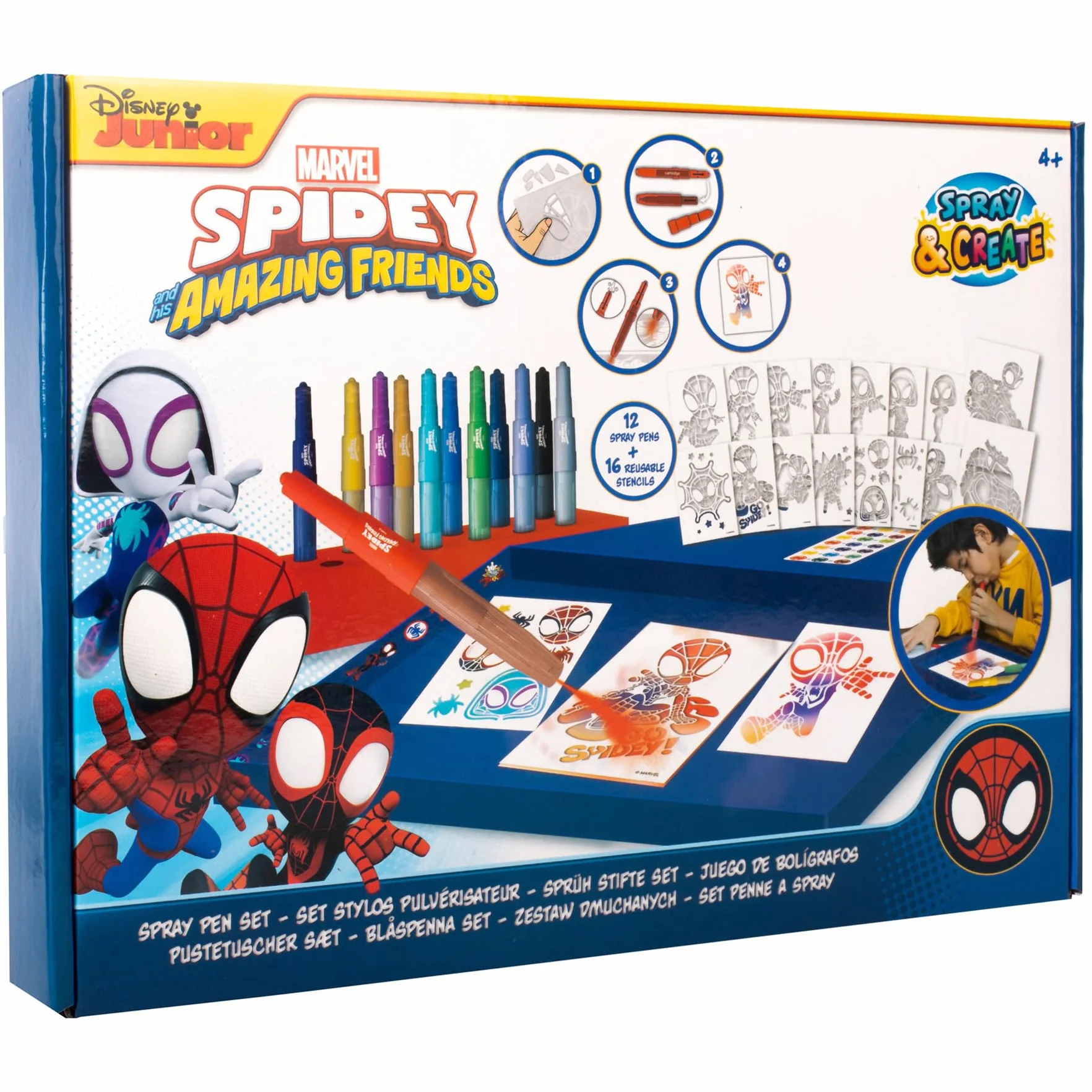 Disney - Marvel - Spidey - Spray Pen Set Deluxe (SP22368) - Kit de Stylos Pulvérisateurs pour Colorier et Dessiner - 12 Stylos et 16 Pochoirs pour Créer des Couleurs et des Dessins Uniques