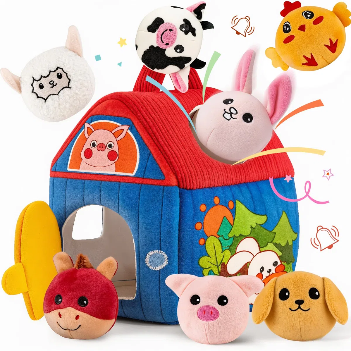 SAIMAND Jouet Bebe Animaux de la Ferme en Peluche, Jeux Sensoriel Montessori avec Grange, Hochets et Miroir, Jouet d’Éveil Bébé 0-3-6-9-12 Mois, Cadeau Bébé Enfant Garçon et Fille
