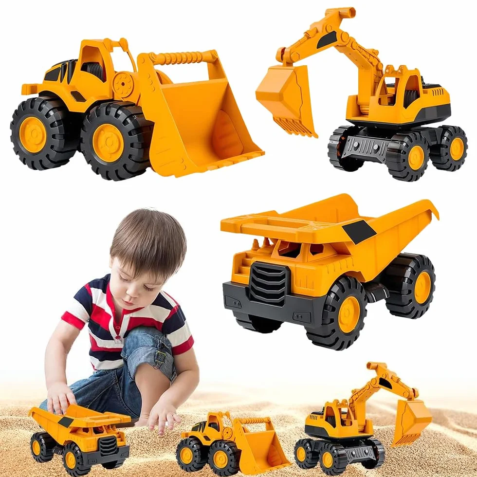 Lot de 3 Jouets de Pelleteuse, Pelleteuse Enfant, Camion Chantier Enfant, Camion à Benne Basculante, Chargeur, Excavatrice, Jouets pour Bac à Sable, Jouet pour Enfants Dès 3 Ans (Jaune)