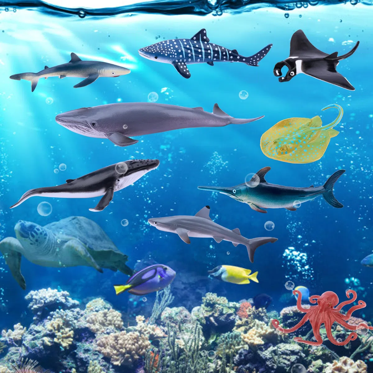 Toymany Ensemble de 24 Figurines d'Animaux Marins et d'Océan - Mini-Animaux en Plastique, Poissons de Mer, Poulpe - pour Jouer ou Comme Décoration