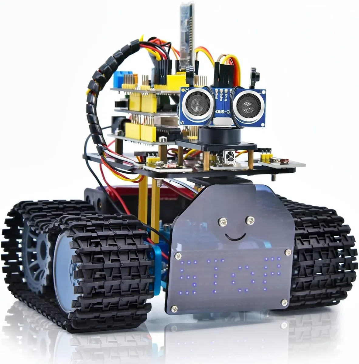 KEYESTUDIO Mini Robot de réservoir Smart Car Kit de Suivi par ultrasons et lumière Infrarouge Télécommande électronique DIY Kit robotique pour Enfants et Adolescents Compatible iOS et Android