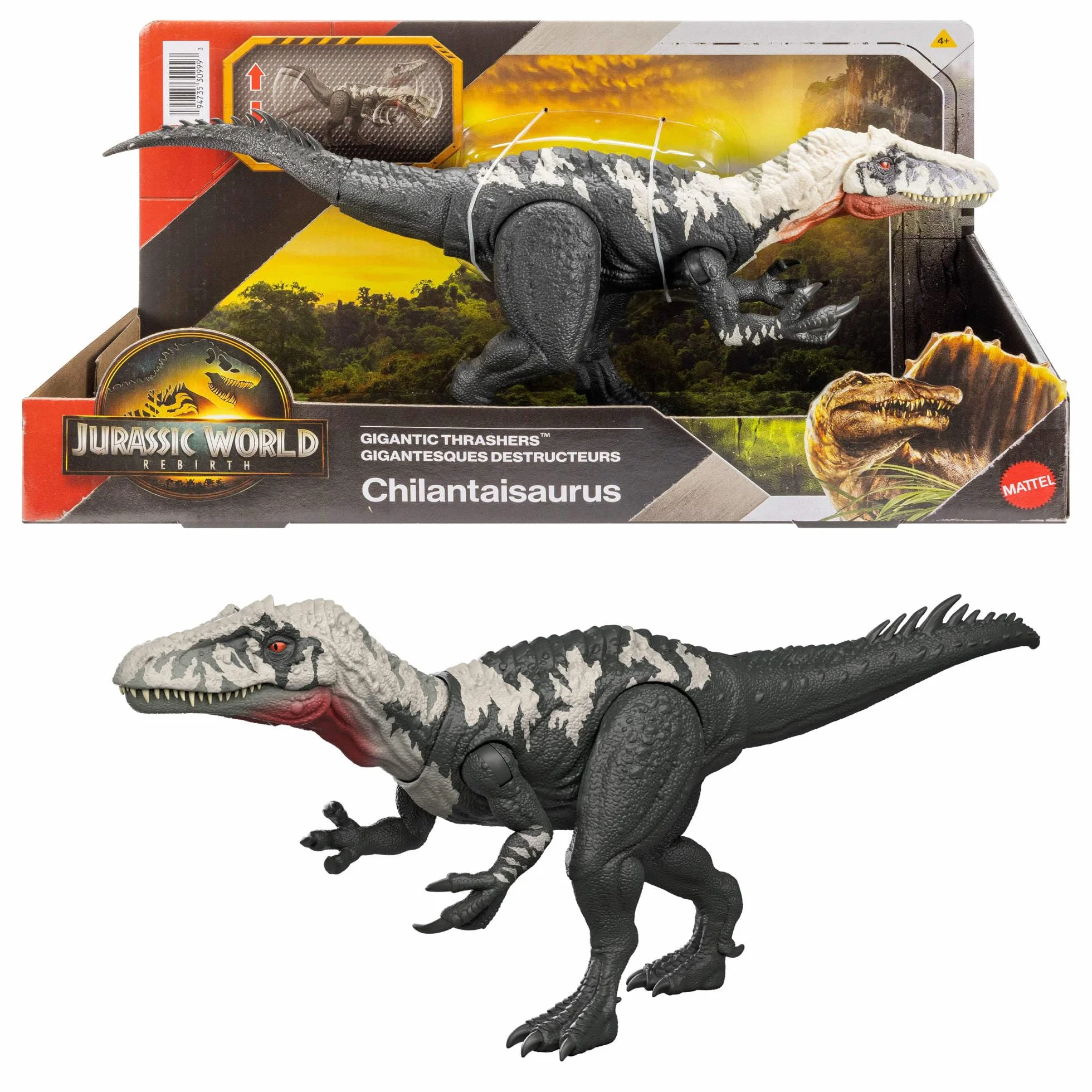 Mattel Jurassic World : Renaissance Figurine articulée Chilantaisaurus Géants féroces, grande espèce de dinosaure, 2 attaques féroces, jeu virtuel, JGB95