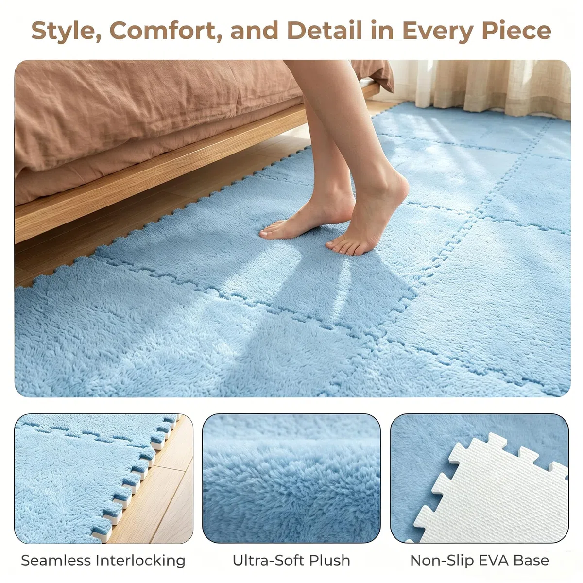 Lot de 12 tapis puzzle emboîtables en peluche, 30 x 30 cm, tapis puzzle en mousse, tapis de sol, tapis puzzle pour bébé, tapis de sol en mousse, pour salon, chambre à coucher, bleu ciel