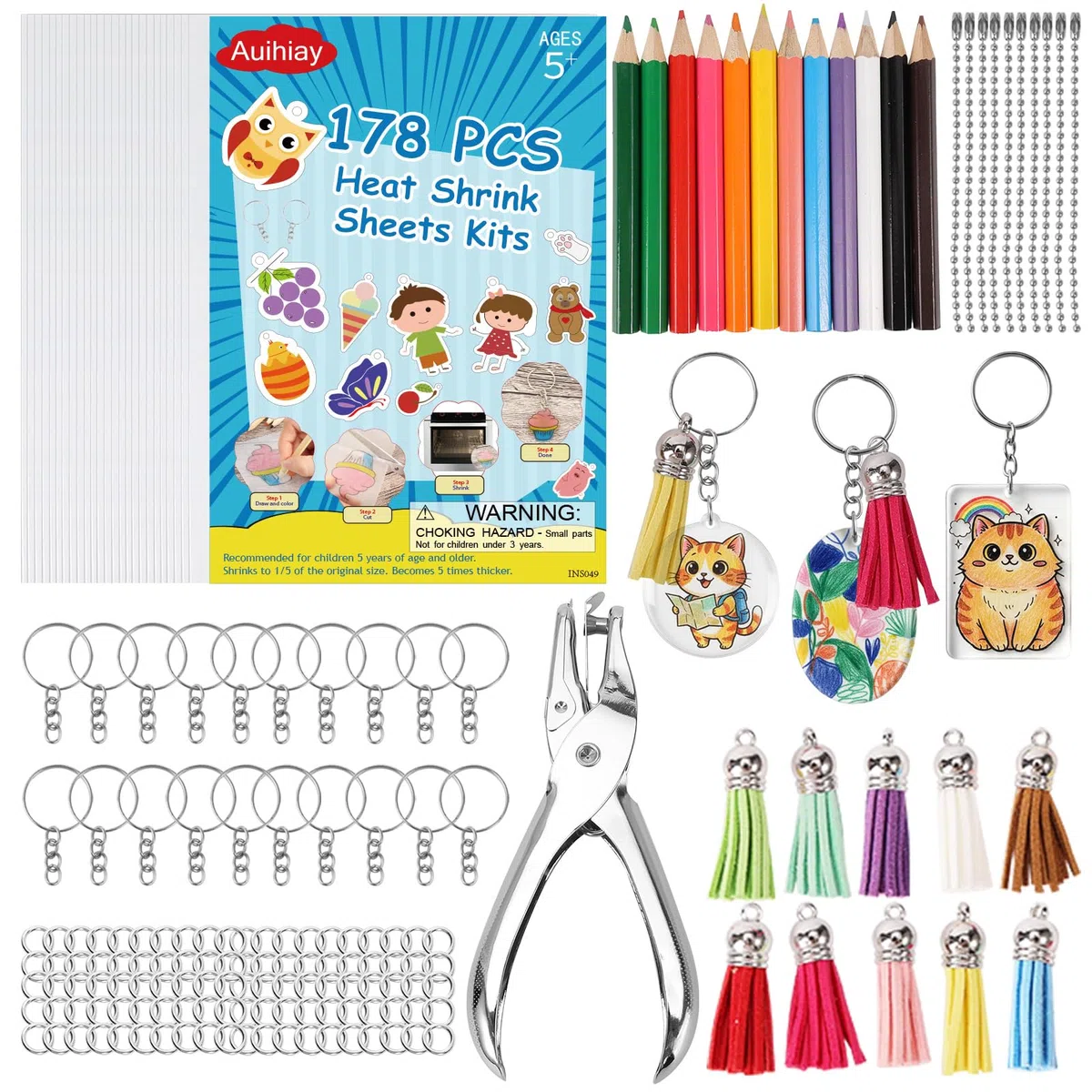 Auihiay 178 Pièces Kit Plastique Fou Porte Clés pour Fête des Pères, 25 Feuilles Plastique Fou avec Perforateur, Crayons, Porte-clés, Plastique Dingue pour DIY Adulte et Adolescent