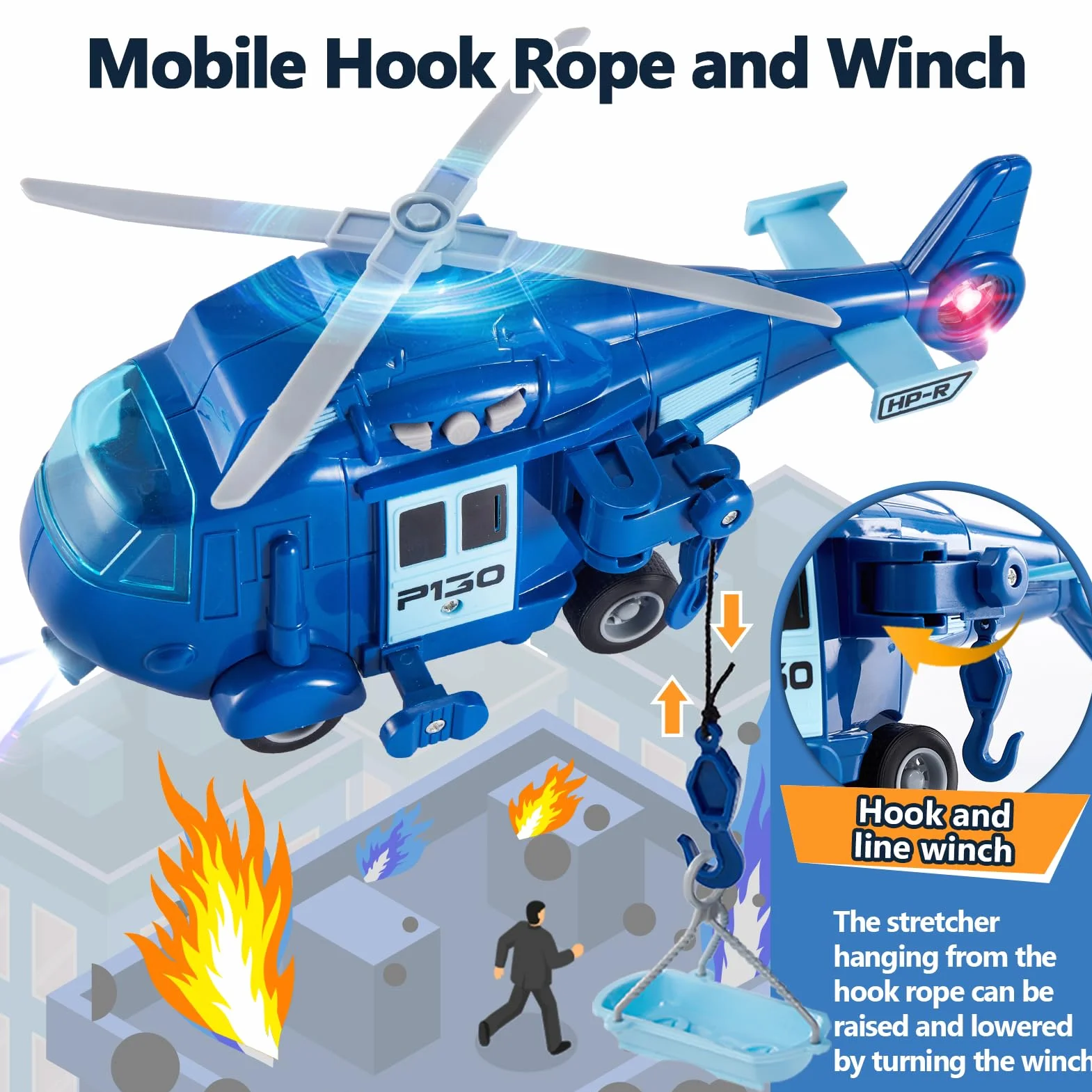 HERSITY Helicoptere Jouet Enfant avec Sons et Lumières Hélicoptère de Sauvetage avec Hélice Pivotant Friction Voiture Jouet Garçon Fille 3 4 5 Ans