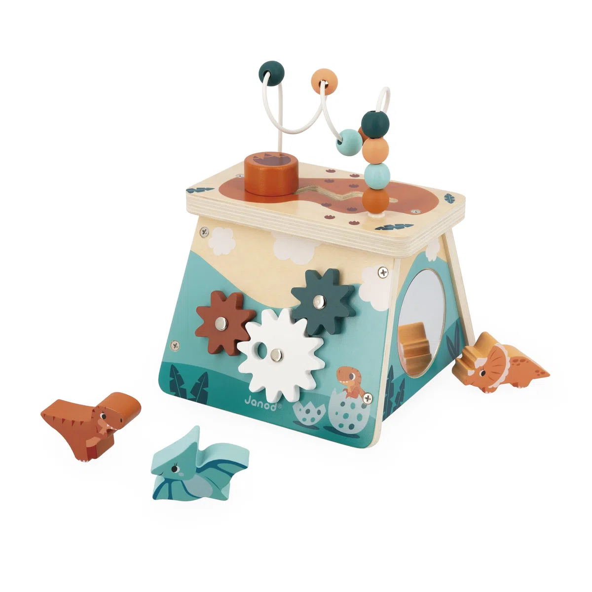 Janod - Volcan Multi Activités - 5 Activités - Jeu d'Éveil Premier Age - Motricité Fine - Jouet Enfant Dinosaure en Bois FSC - Dès 12 Mois, J05827