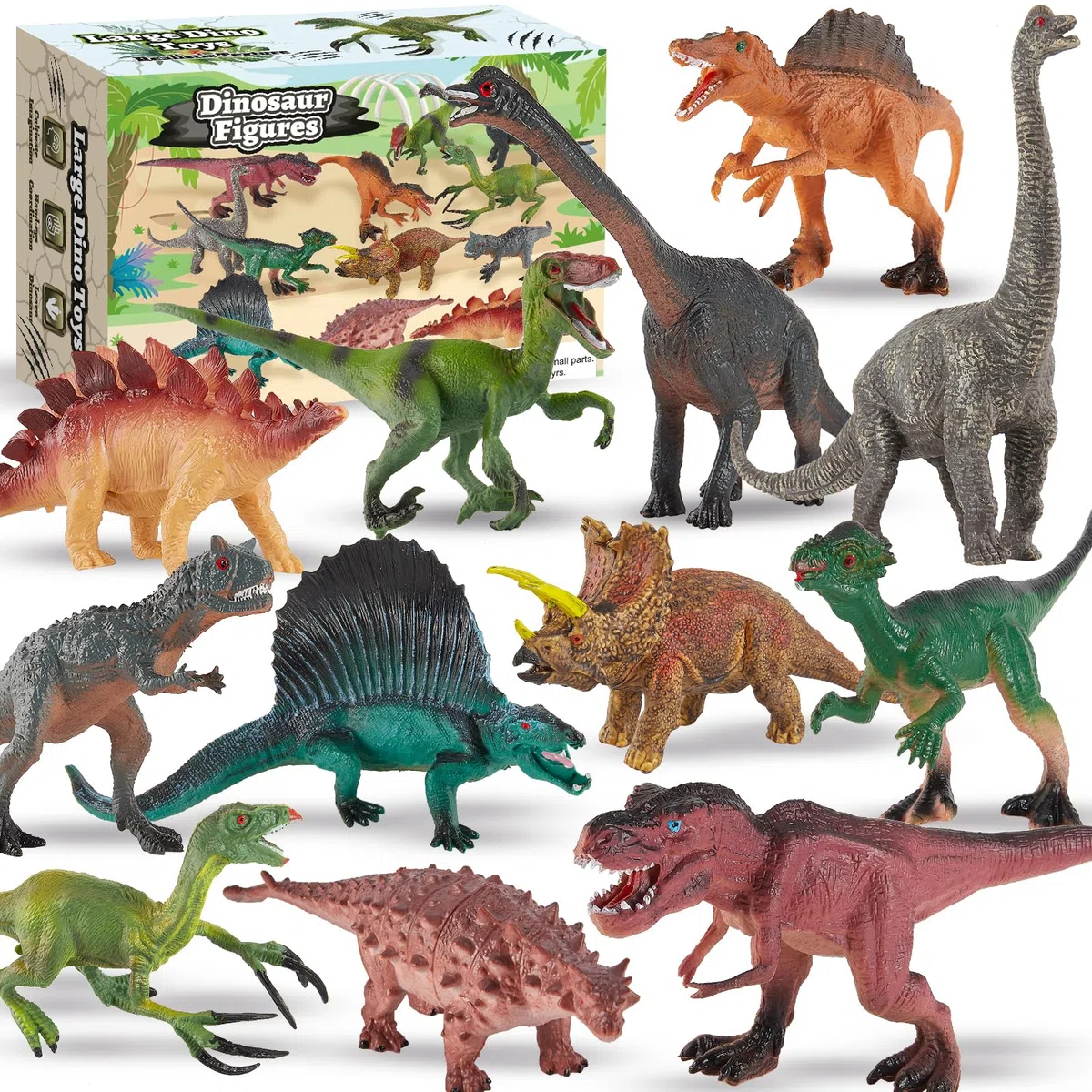 TOEY PLAY Grandes Dinosaure Jouet Enfants, 12PCS Réaliste Figurine Dinosaure, Ensemble Dino avec Tyrannosaure Rex, Triceratops, Jouet Éducatifs pour Garçons Filles 3 4 5 6 Ans