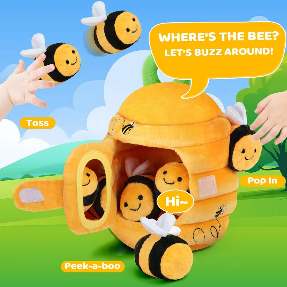 Vicloon Jouet en Peluche Bebe de 0 à 3 Ans, Ruche en Peluche avec 5 Abeilles, Jeux Montessori avec Hochets, Miroirs, Jouets Sensoriel Interactifs pour Enfant Garçon Fille