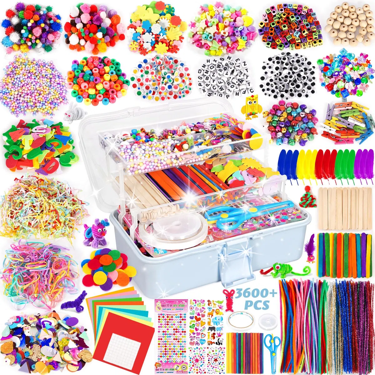 Purpledi Kit Bricolage 3600+ Activites Manuelles pour Enfants, Pipe Cleaners Crafts Set, Fournitures Éducatives, Loisirs Créatifs pour Enfants, Pompons, Yeux Gluants, Plumes，Bleu