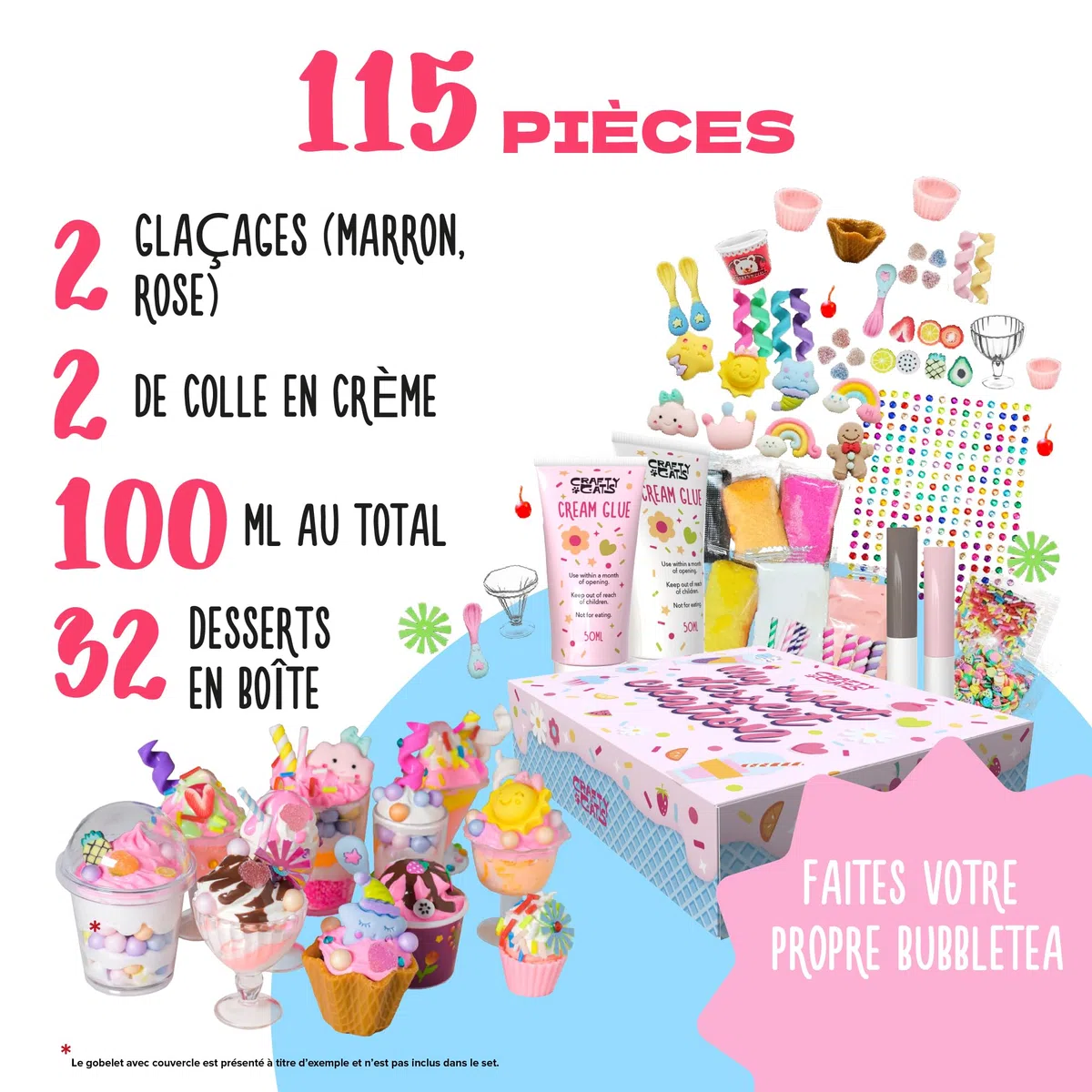 CRAFTY CATS Kit de loisirs créatifs Fête des Desserts – 115 pièces, argile à séchage à l’air, perles, colle crème avec embouts, set créatif DIY pour anniversaires et cadeaux, enfants 6+