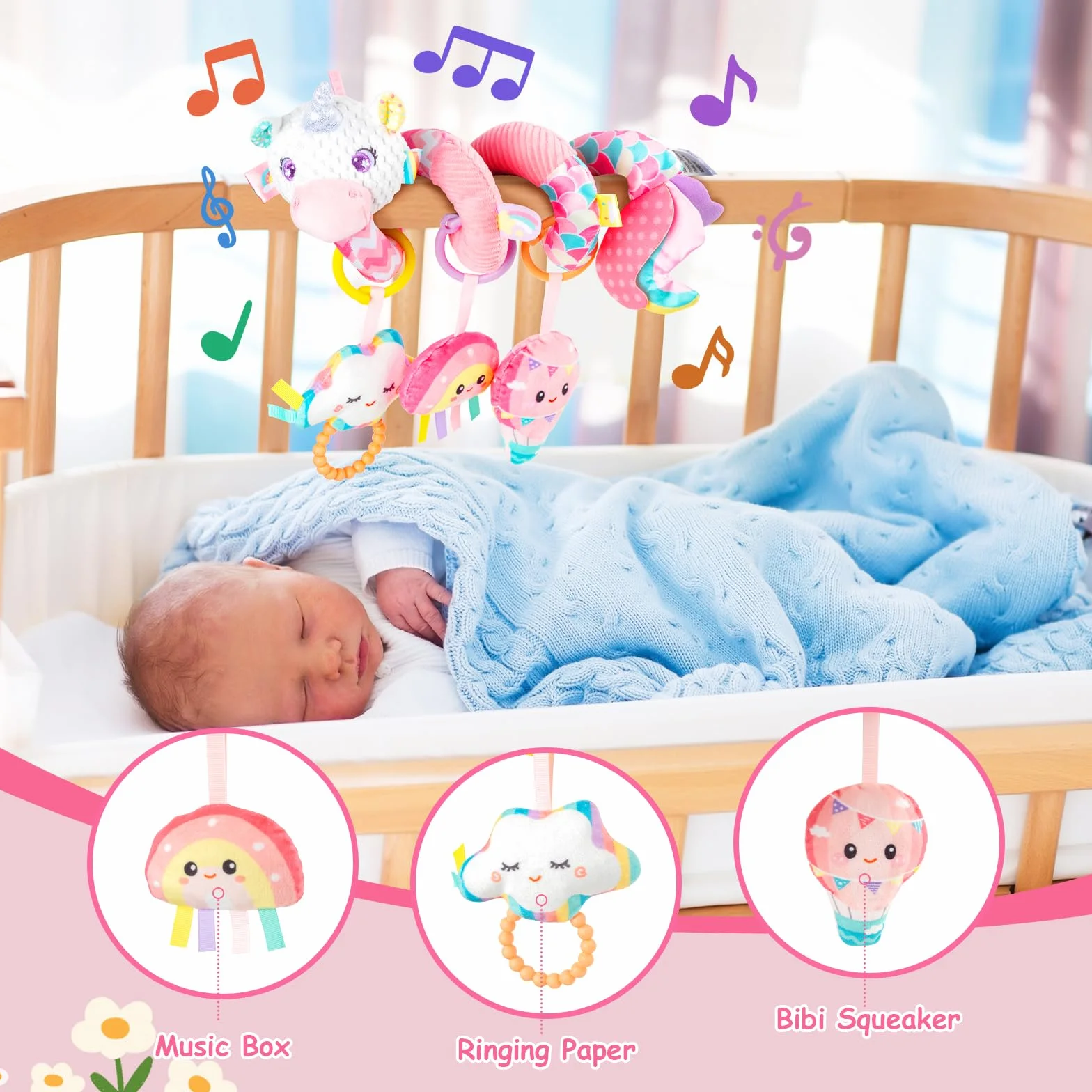 Spirale D'activité Bébé Jouets - Spirale Jouet Poussette Bebe avec Musique, Jouets Eveil Bebe, Jouet Siege Auto pour Garçons et Filles, Bébé Naissance Cadeaux 0 3 6 12 Mois, Rose