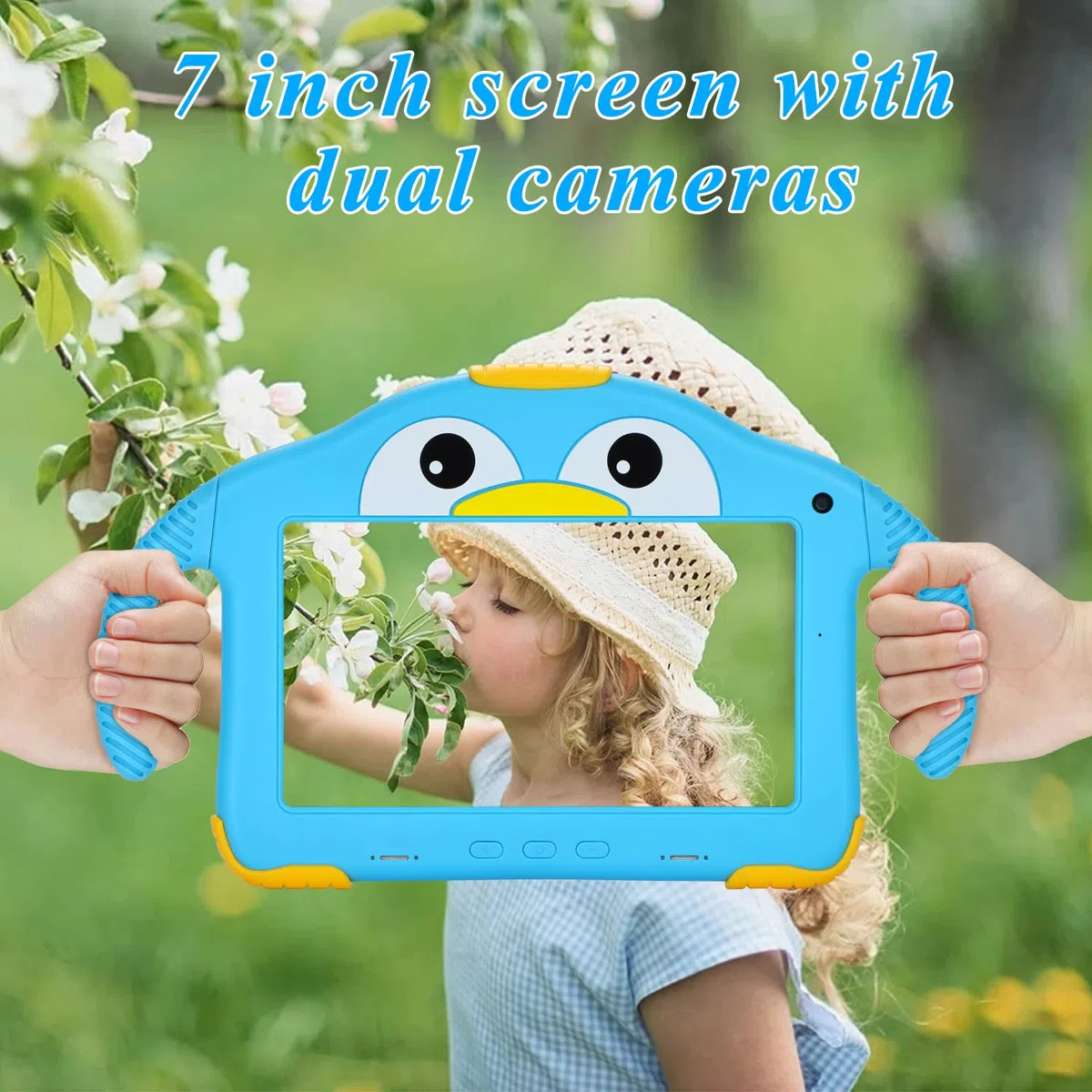 Tablette pour Enfants 7 Pouces Tablette Enfant éducative contrôle Parental WiFi Tablette Tactile Enfant Android 10 Tablettes Anti-Chute Jolie Forme de Pingouin Bleu