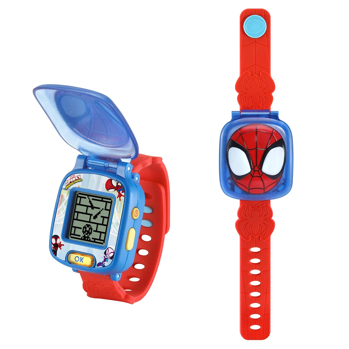 VTech - Disney Junior, La Montre-Jeu Interactive de Spidey, Montre Enfant à Clapet, Écran Animé, Bracelet Souple, 9 Cadrans, 4 Jeux Éducatifs, Cadeau Enfant de 3 Ans à 7 Ans - Contenu en Français