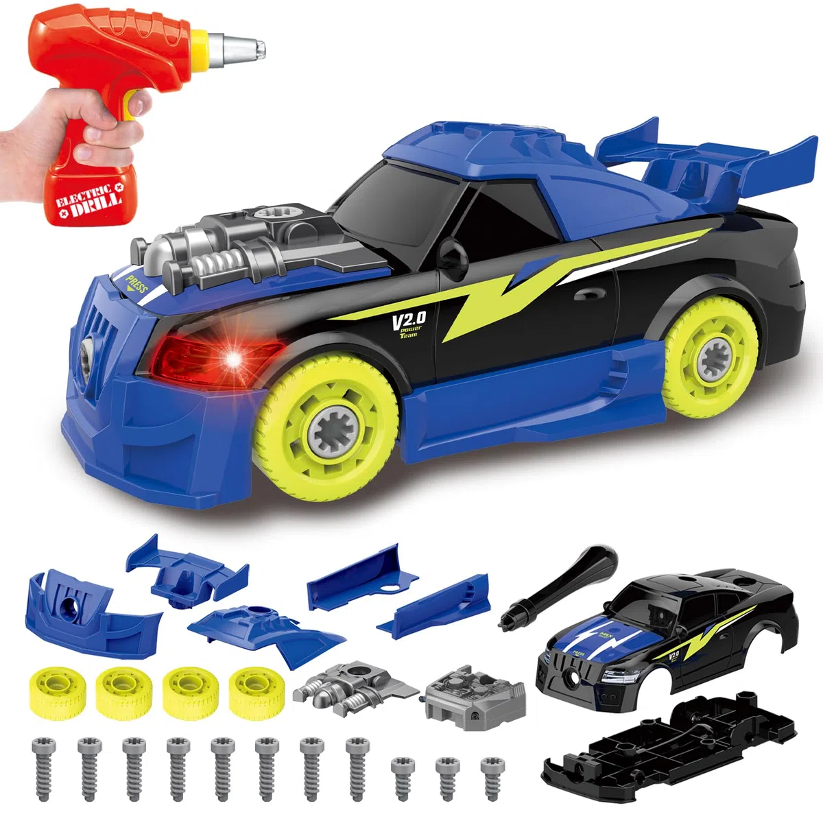 Pup Go Voiture Démontable pour Enfants 3+ Ans, Idee Cadeau de Noël, Jouet Éducatif 26 Pièces avec Perceuse Électrique, Voiture à Construire avec LED et Sons Réalistes (Bleu)