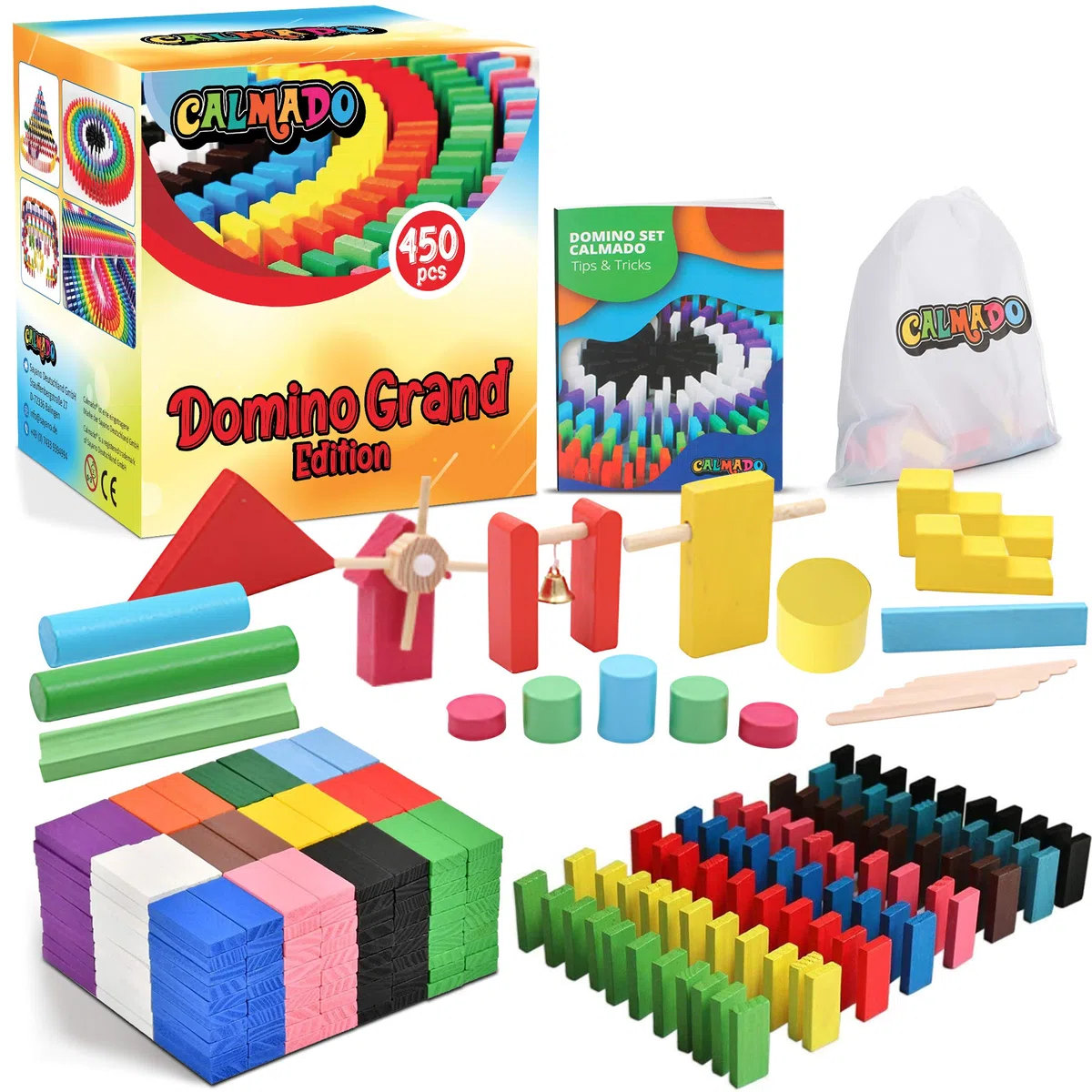 Calmado - 450pcs Pierres Domino/Dominos en Bois Domino Grand Edition Ensemble + Sac + Livret + Accessoires