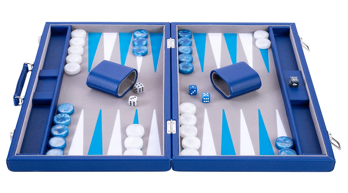 Engelhart - 250526 - Grand Backgammon 18 Pouces de Luxe (45,5 cm) - Bleu - Feutre Haute Qualité - Dés et Pions Nacrés - Valise Mousse et Simili Cuir - Jeu de Backgammon - 2 joueurs - A partir de 6 ans