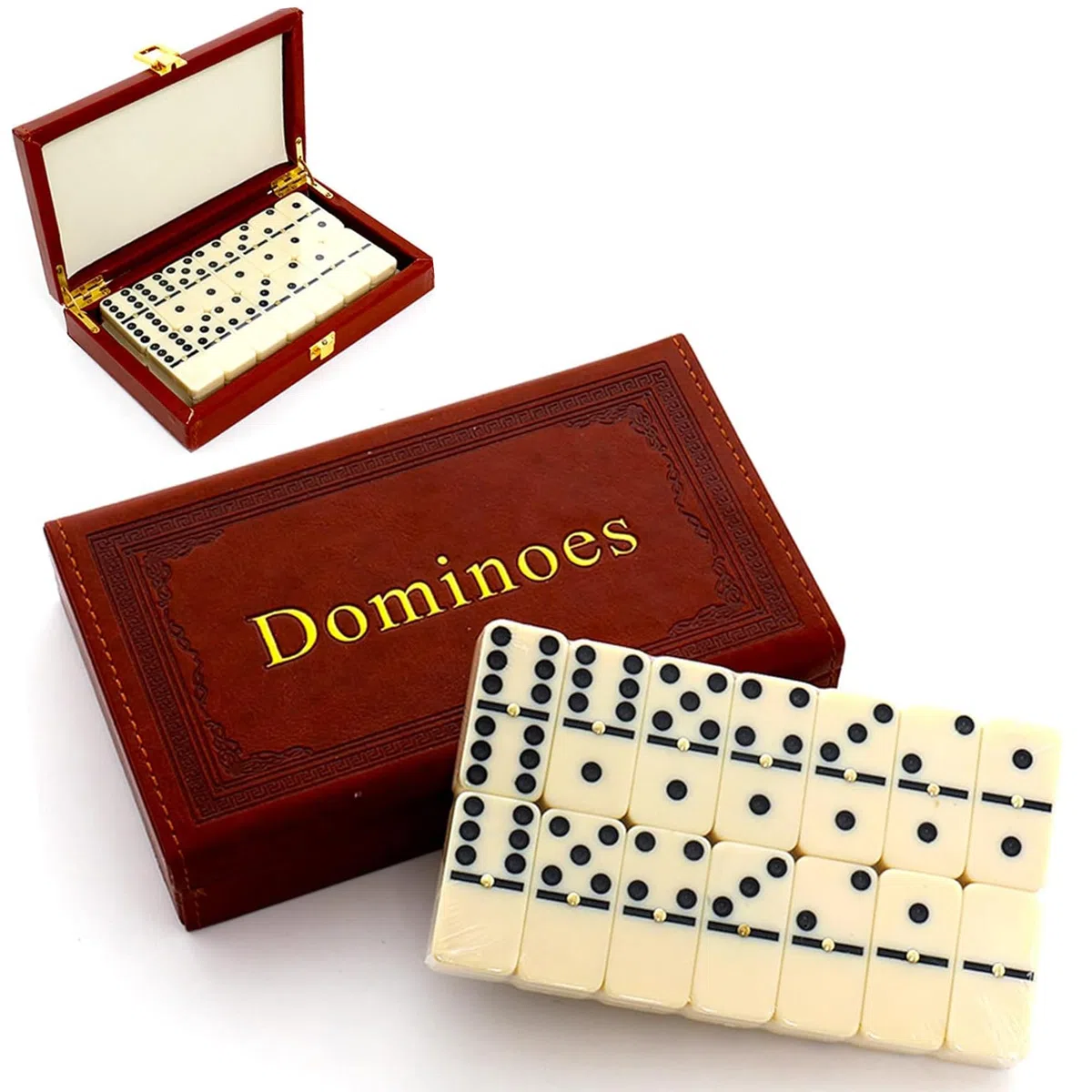 QLSKI Dominos Set,Divertissement Divertissement Voyage, Coffret de Dominos, Jeu de société d'intérieur en Cuir, Jouet en Bois, Jeu de société emballé pour Adultes et Enfants (28pcs)