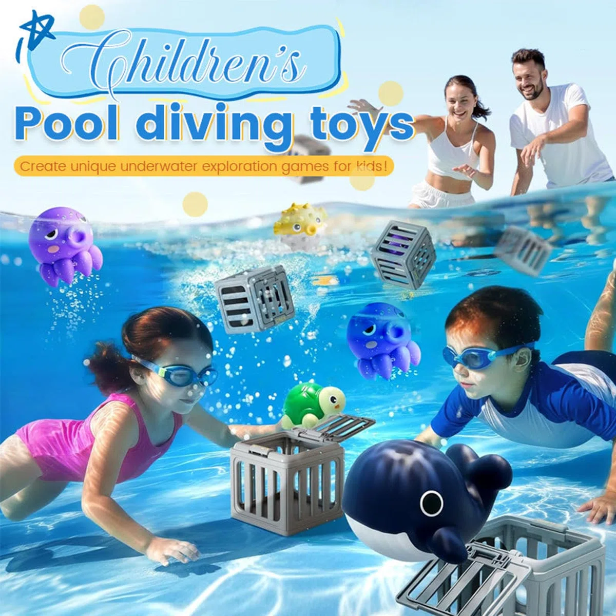 Générique Jeu de Piscine de plongée dans l'eau, Ensemble de Jouets de Bain avec boîte à Poissons, Animaux flottants, Cadeau de fête d'été pour garçons et Filles (A)