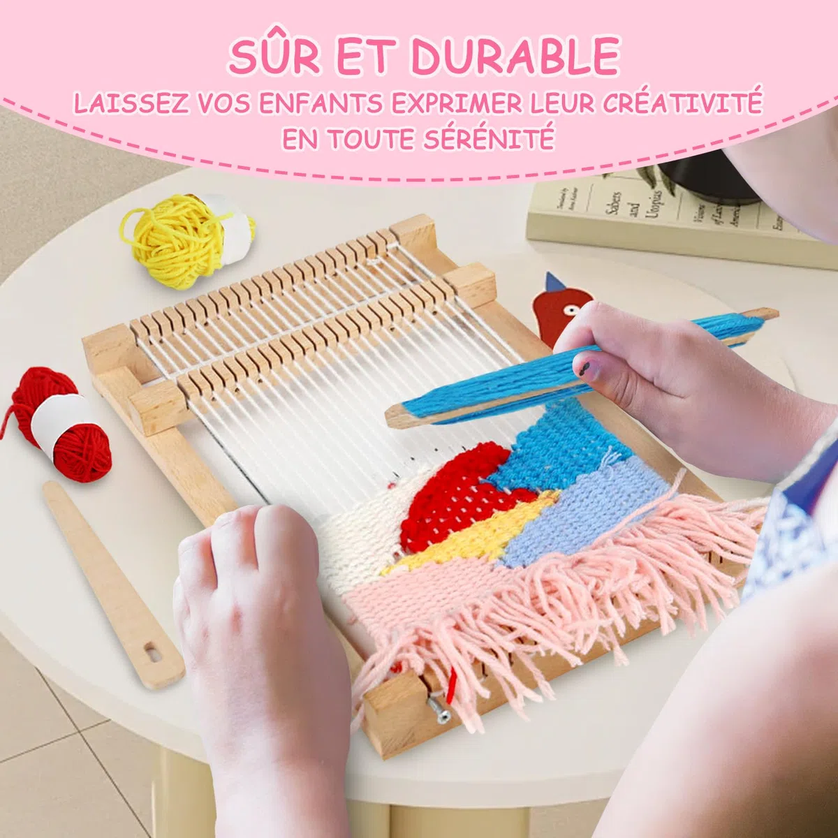 Bibykivn Métier à Tisser En Bois, Machine à Tricoter à la Main Bricolage, Kit de Métier à Tisser pour les Enfants de 6 à 12 Ans, Avec Iaine Colorée pour débutants et enfants
