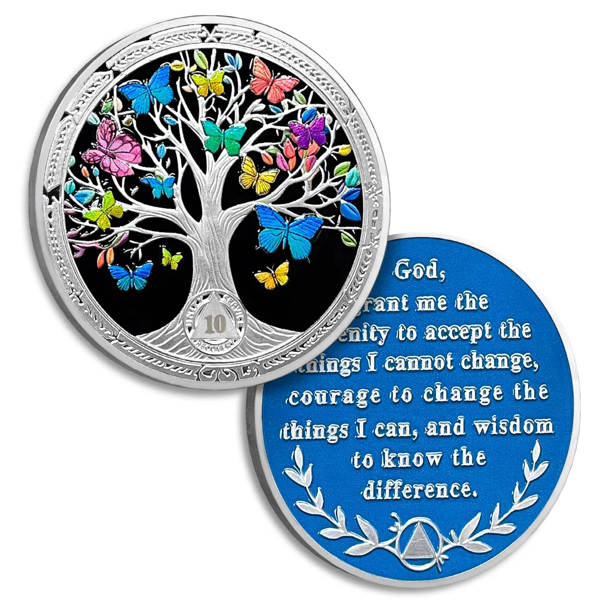 Pièce de sobriété de 10 mois - Papillon - Arbre de vie - Puces AA et médaillons - Jeton de sobriété - Cadeau de sobriété - Cadeau pour homme et femme - Alcooliques anonymes