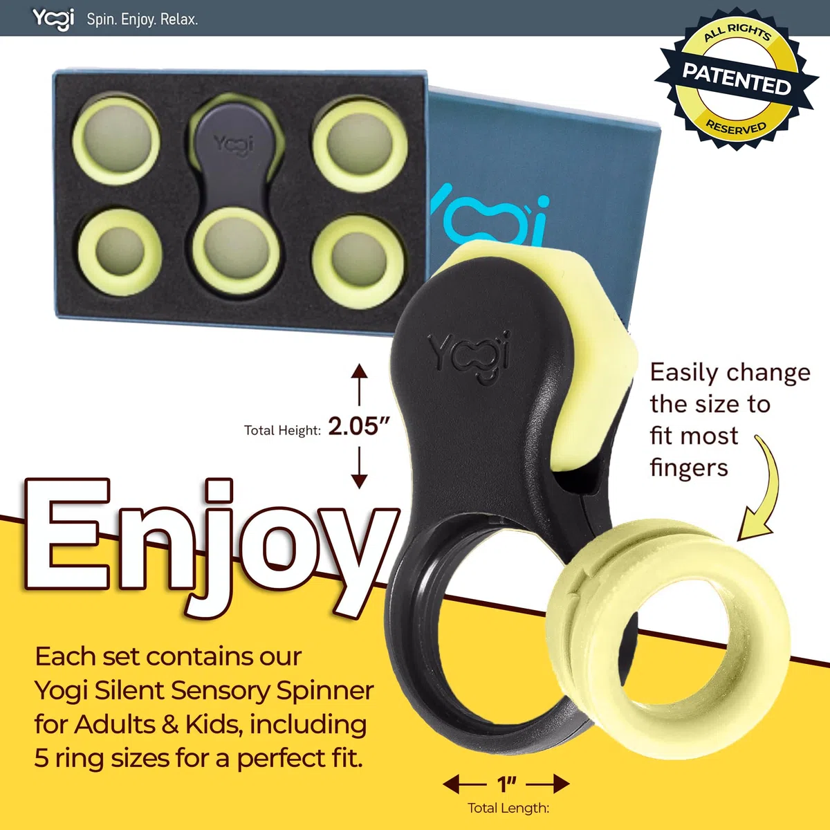 Yogi Jouet Fidget, Spinners Fidget pour adultes, Soulagement de l'anxiété Parfait pour le ADHD le ADD et l'autisme Jouets Fidget silencieux pour adultes et enfants Cinq tailles d'anneaux Clair de lune