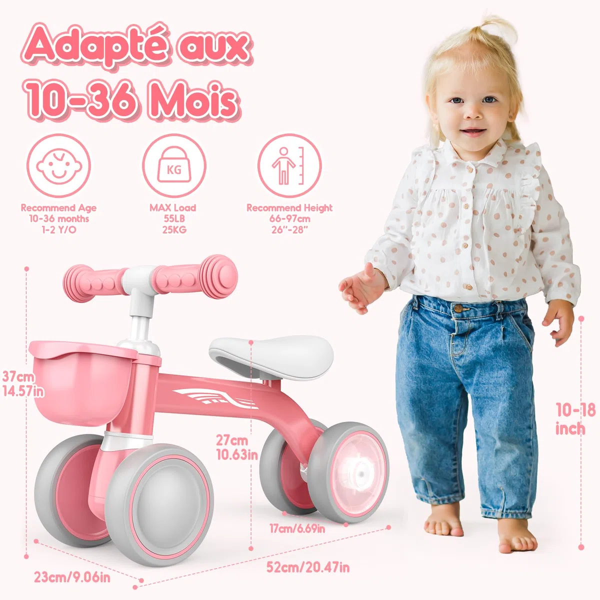 HappyGoLucky Draisienne Bebe 1 2 Ans, Jouet Enfant pour 12-24 Mois, Roues Colorées, Ultra-léger, Vélo avec Panier, Draisienne Jouet Fille 1 2 Ans, Cadeau pour 12-24 Mois, Cadeaux de Noël Enfant