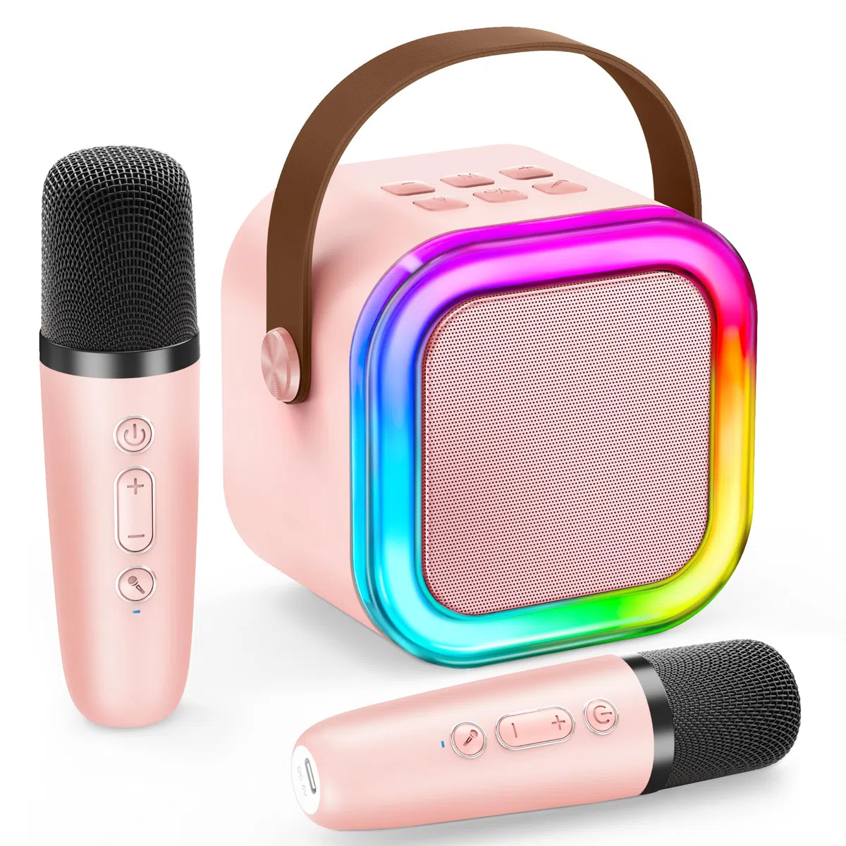 Micro Karaoke Enfant IROO Karaoke Enfant avec 2 Microphones, Microphone pour Filles Cadeaux pour Enfants Enceinte Bluetooth Portable avec Effets de Changeur de Voix et Lumières LED (Rose)