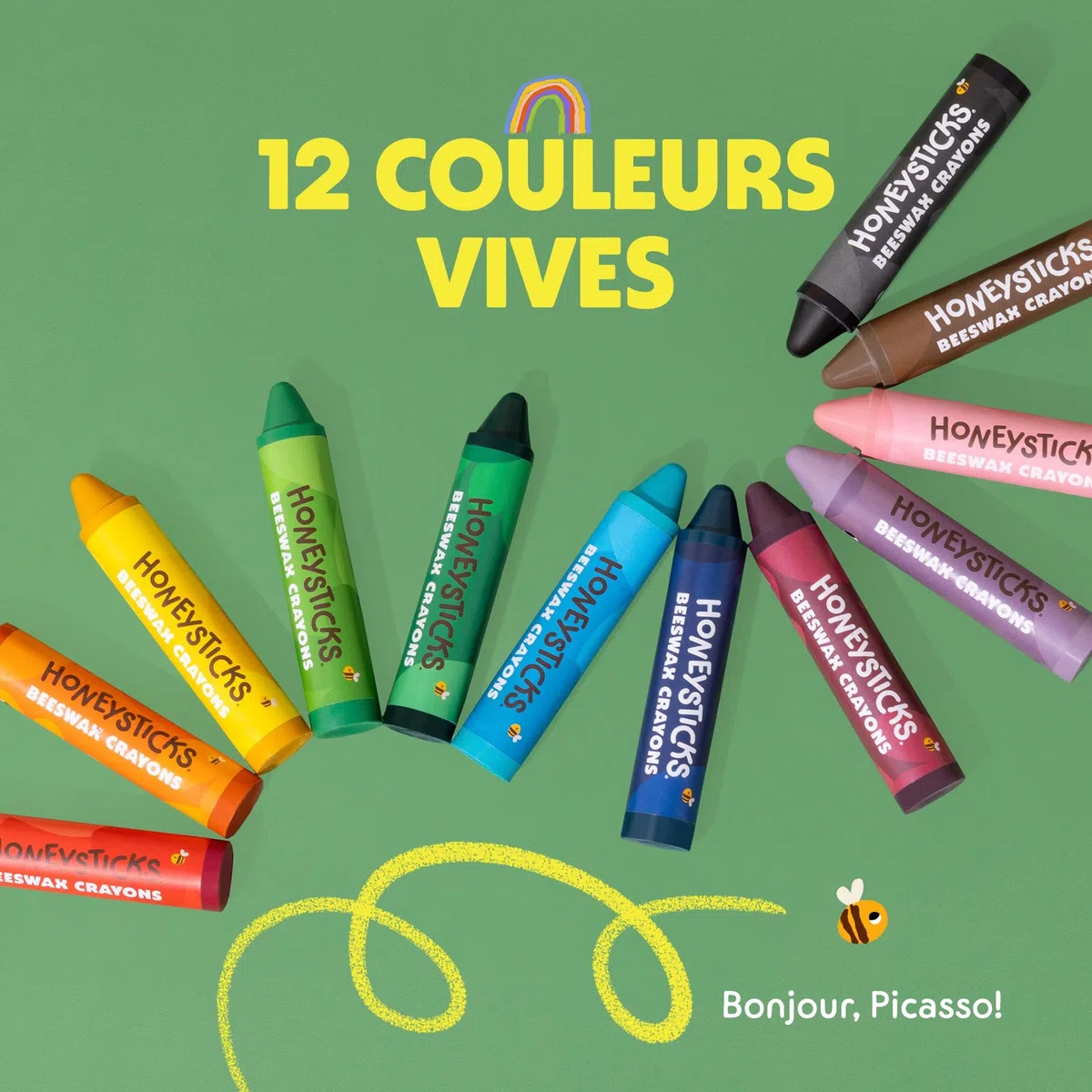 Honeysticks crayons super jumbo (12 unités) - 100% cire d'abeille, couleurs alimentaires, non toxiques, incassables, extra grands, faciles à tenir, écologiques, 1-3 ans