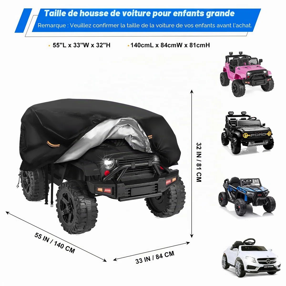 Housse de voiture électrique imperméable 900D pour enfants - Étanche - Boucle coupe-vent - Bande réfléchissante - Grande housse universelle pour jouets - Anti-UV, pluie, poussière - Protection contre