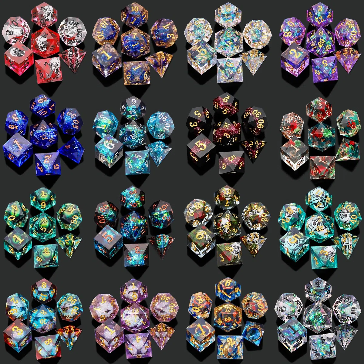 QMAY Mystery Dice Lot de 7 dés polyédraux, Style aléatoire pour Dungeon et Dragons MTG Table Games RPG DND Résine Cube D20 D12 D10 D% D8 D6 D4