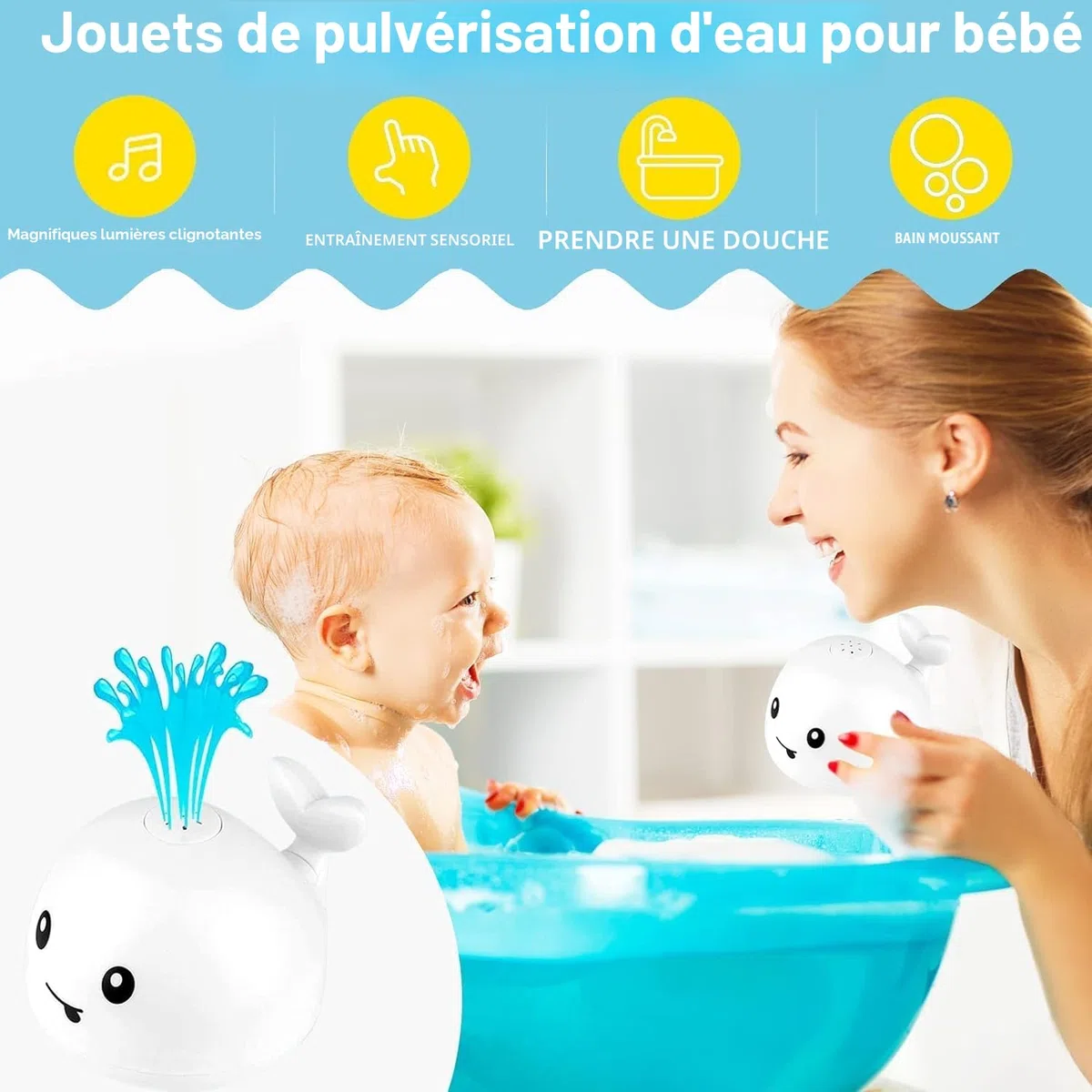 Jouet de bain pour bébé, baleine à jet avec LED - pour enfants et tout-petits (blanc)