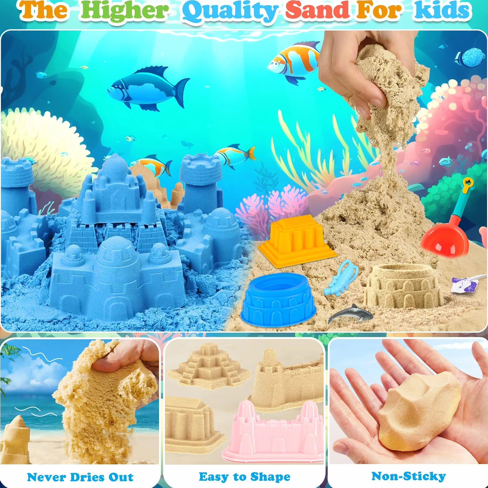 AMCHLEL Sable Magique, Jouets Sensoriels Enfant, Magic Sand avec Moule à Sable et Des Jouets Océaniques, Bac a Sable avec Couvercle, Sable Magique Enfant pour 3+Ans Garçon Fille