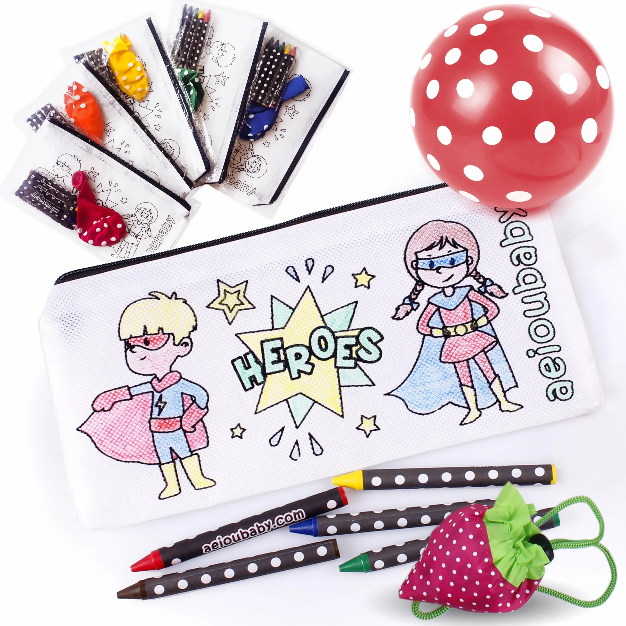 aeioubaby.com 30 Trousses à Colorier + Sac Réutilisable | 30 Sacs individuels contenant 5 Crayons de Couleur et un Ballon | Cadeau pour enfants au fêtes et anniversaires (Héros)