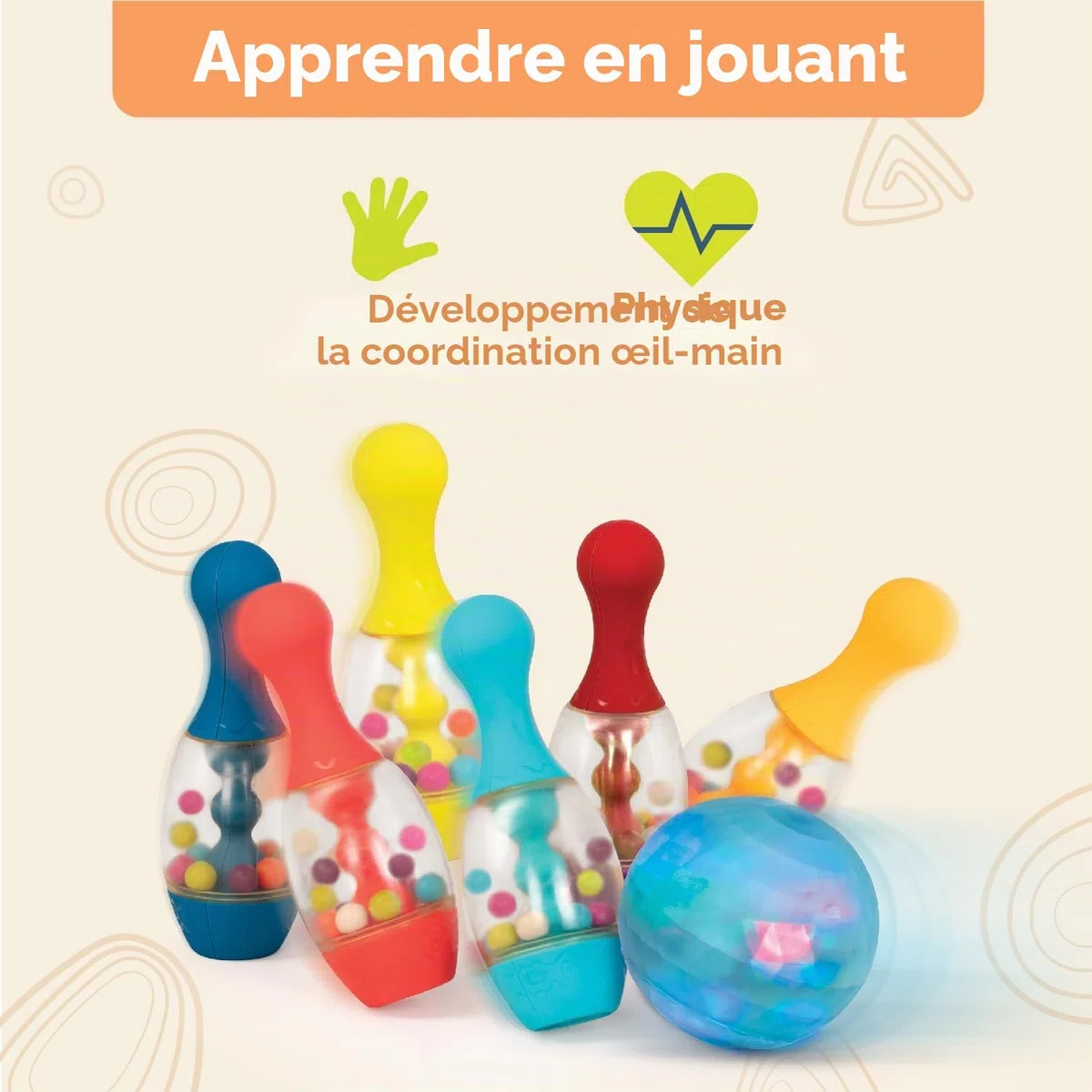 B. toys - Let's Glow Bowling ! - Orange - Jeu de quilles - 6 quilles et 1 Boule Lumineuse - Jeu d'intérieur et d'extérieur - Ensemble de Jeux pour Tout-Petits et Enfants - 2 Ans et +