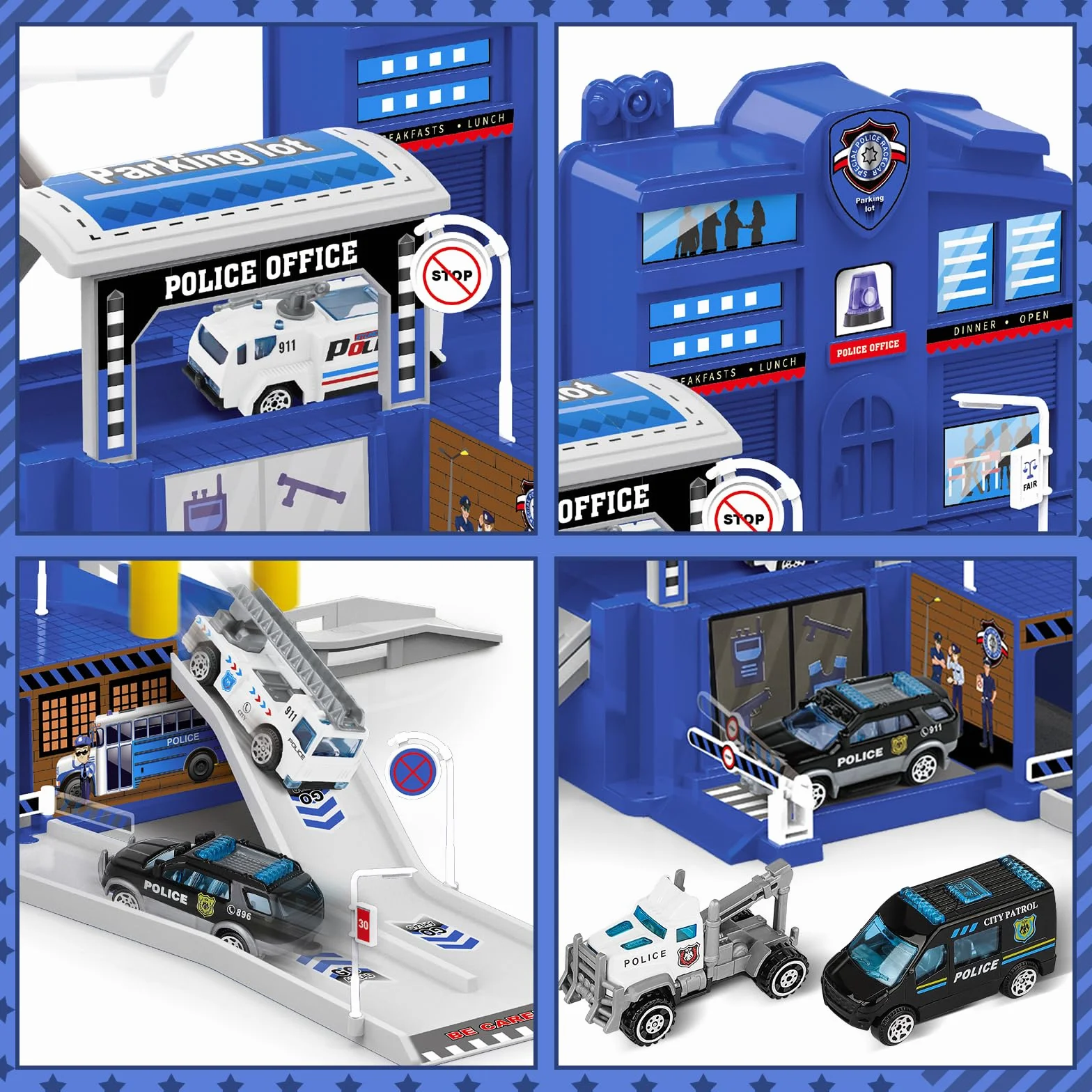 deAO City Poste de Police, Jouet de Construction avec Bâtiment de Bureau, Véhicules de Police, Hélicoptère, Camion, City Police Station avec Voiture de Police, Cadeau pour Garçons et Filles de 6 Ans+