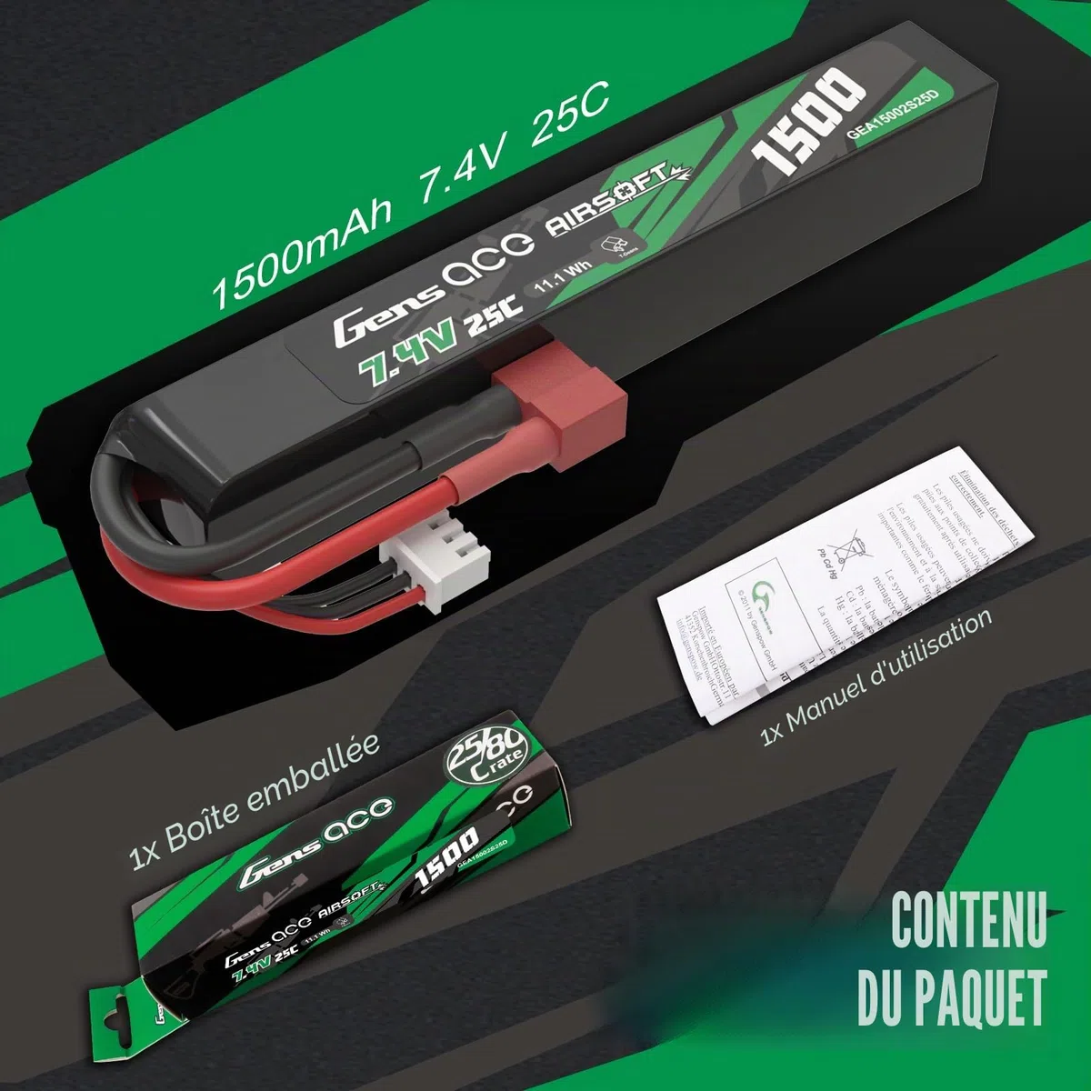 Gens Ace 2S 7,4V 1500mAh 25C Batterie LiPo avec Connecteur T-Plug (Deans), Batterie Rechargeable pour Modélisme et Loisirs, Format Stick Long