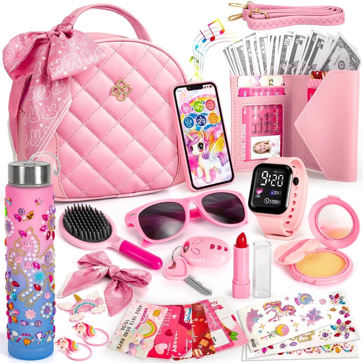 Hohosunlar Sac à Main Petite Fille, Faux Maquillage, DIY Licorne Bouteille d’Eau Fille, Watch, Téléphone Portefeuille Clés, Jouet de Princesse, Noël Cadeau d'anniversaire Jouet Filles 3 4 5 6 7 8 Ans