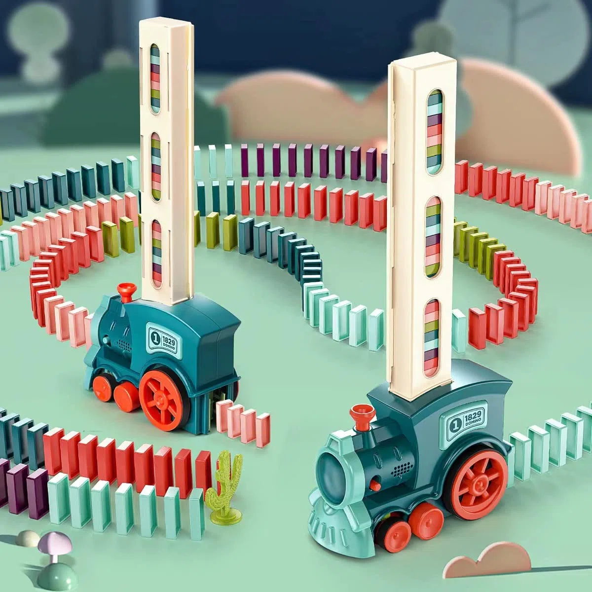 OBEST 180Pcs Jouets de Train Domino Ensemble, Train Électrique avec Lumières et Musique, Automatique Rallye Train Empilés Blocs Domino Enfants, Jouets éducatifs pour Garçons et Filles (Bleu)