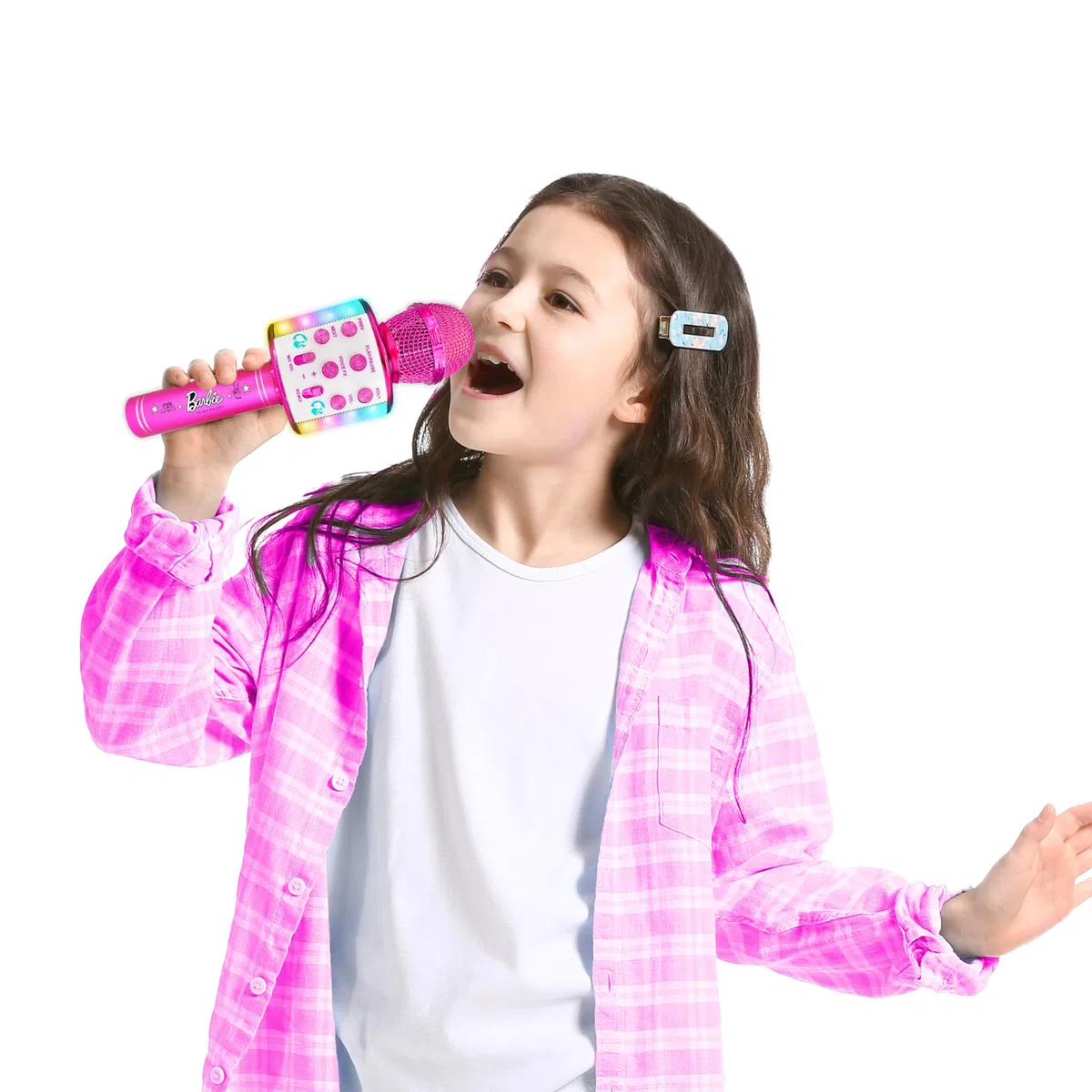 Sinco Creations Barbie Bright Voicemaster Microphone sans Fil karaoké Haut-Parleur sans Fil Lumières Multicolores 5 Effets vocaux Chanter et enregistrer