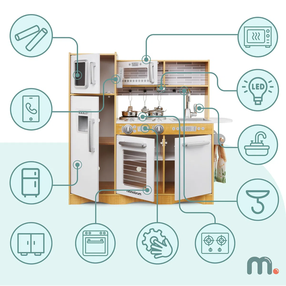 Mamabrum Cuisine Enfant en Bois Grande Taille avec Éclairage LED, Frigo, Four, Micro-Ondes, Tablette, Ustensiles et Tableau Noir - Jouet Éducatif Compatible avec Enfants 3 Ans et Plus