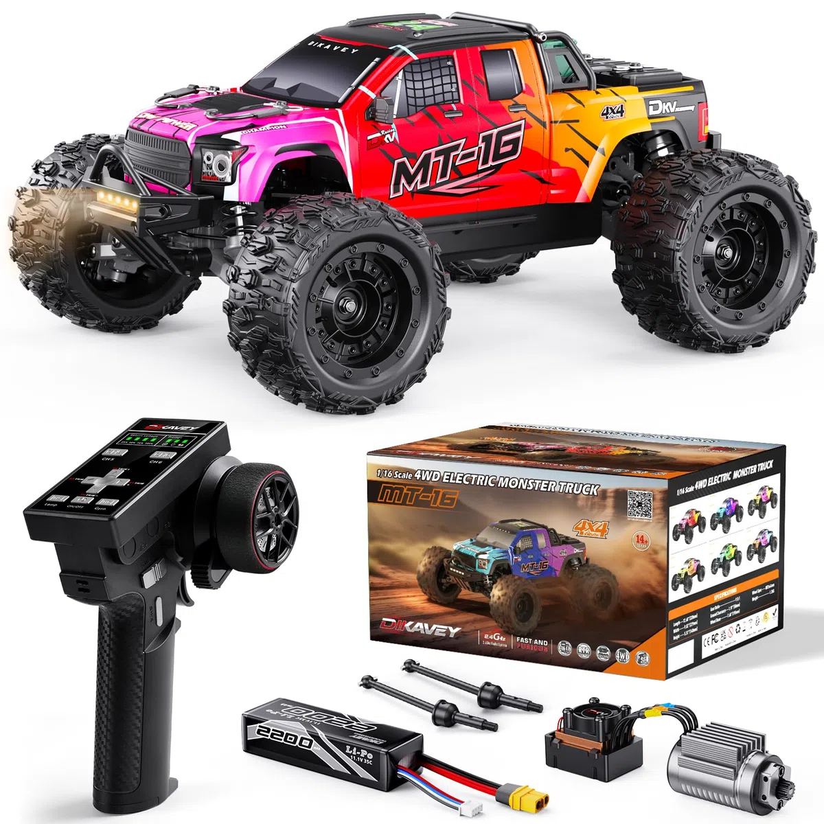 Camion TéLéCommandé 4x4 Brushless 1/16, Vitesse Maximale 80 Km/H, Tout-Terrain, Avec Batterie 3s,éTanche Et Haute Vitesse,IdéAl Pour Les Adultes Et Les Aventures Sur Neige Ou Sable - Rouge DéGradé