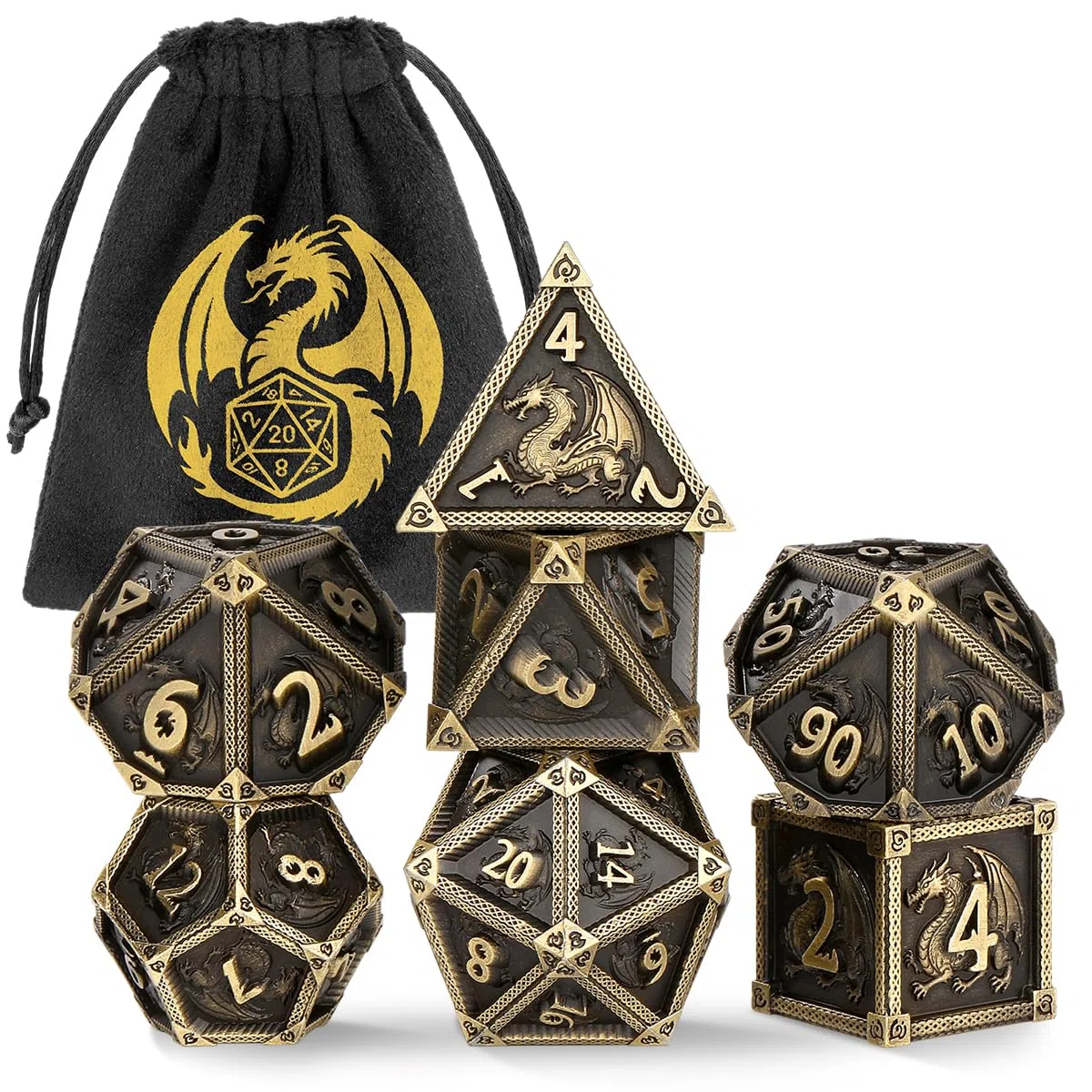 Lot de Dés en Métal DND, Motif de Dragon, 7 Dés Polyédriques en Métal, Accessoires pour Jeux de Rôle et Société, MTG, Cadeaux D&D avec Sac Cadeau, D20, D12, 2 D10 (00-90 et 0-9), D8, D6 et D4, Bronze
