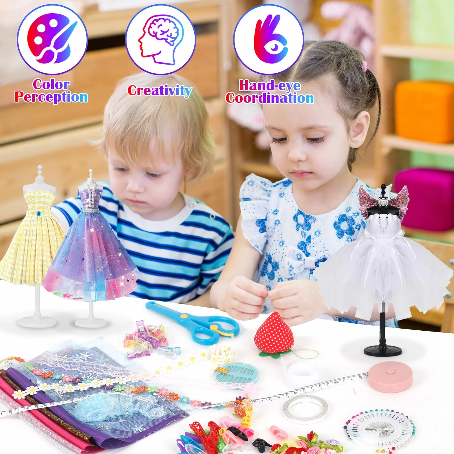 YOCOLE 1000+ Fashion Design Kit, Création de Mode Couture Enfants avec 5 Mannequins, Loisirs Créatifs Activites Manuelles avec Carnet de Croquis, Cadeau D'anniversaire Fille 6 7 8 9 10 11 12 Ans