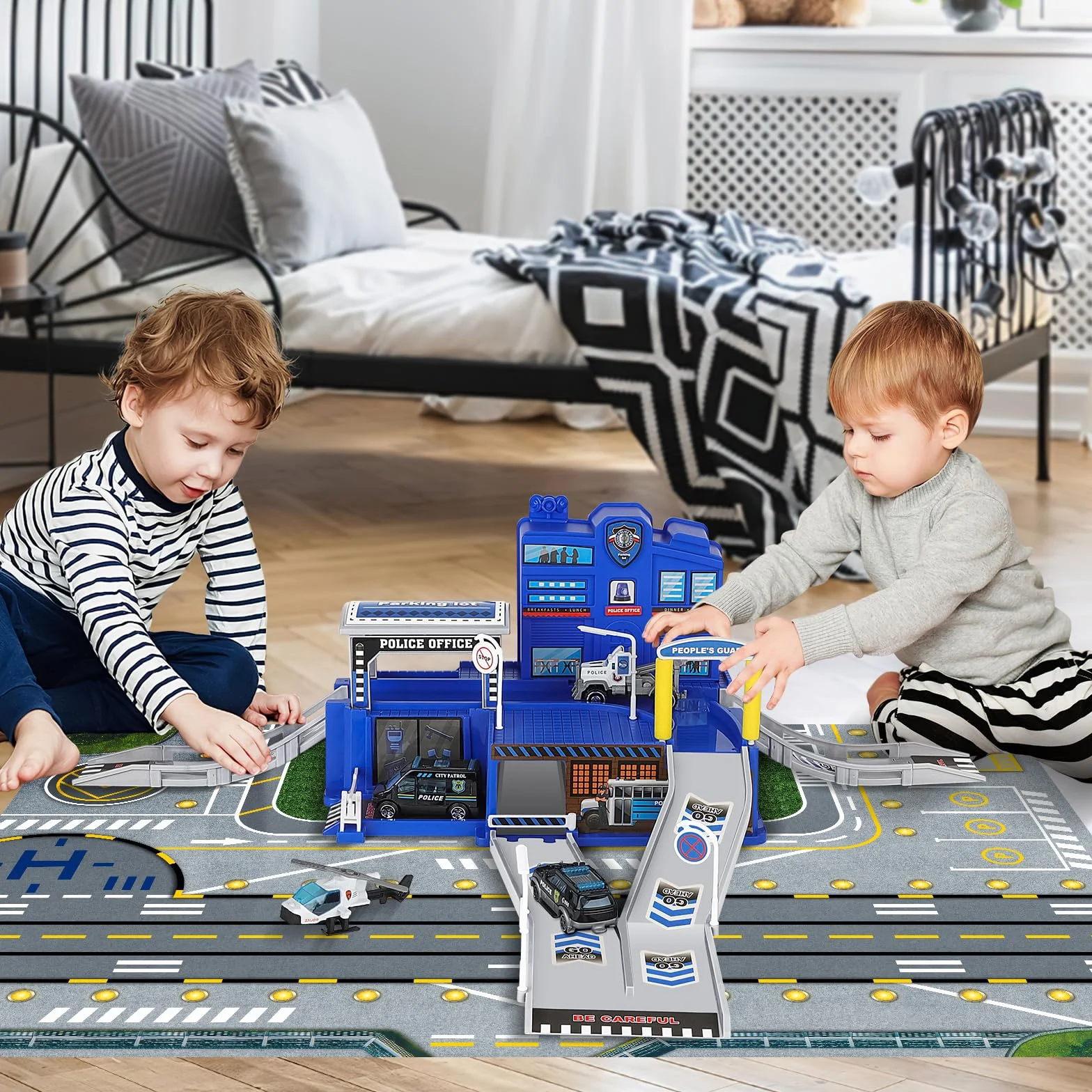 deAO City Poste de Police, Jouet de Construction avec Bâtiment de Bureau, Véhicules de Police, Hélicoptère, Camion, City Police Station avec Voiture de Police, Cadeau pour Garçons et Filles de 6 Ans+