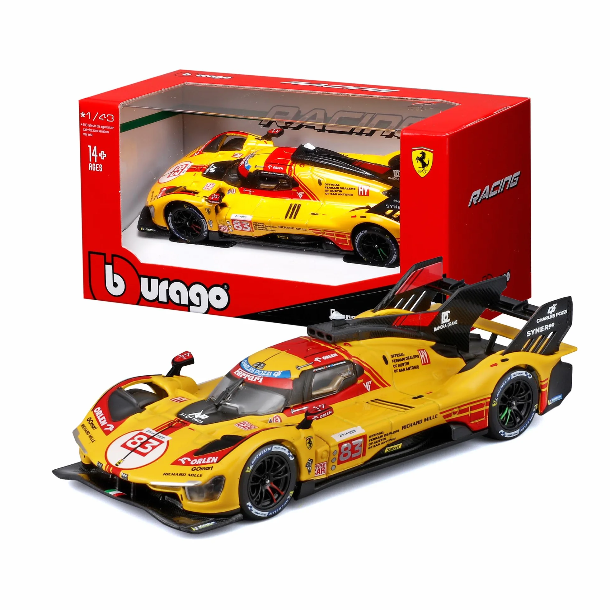 Bburago - Ferrari 499P 24H LMH Hypercar 2024#83, Voiture Miniature à l'échelle 1:43, réplique détaillée de l'AF Corse pour Le Mans, Licence Officielle Ferrari, âge recommandé 14+ Ans