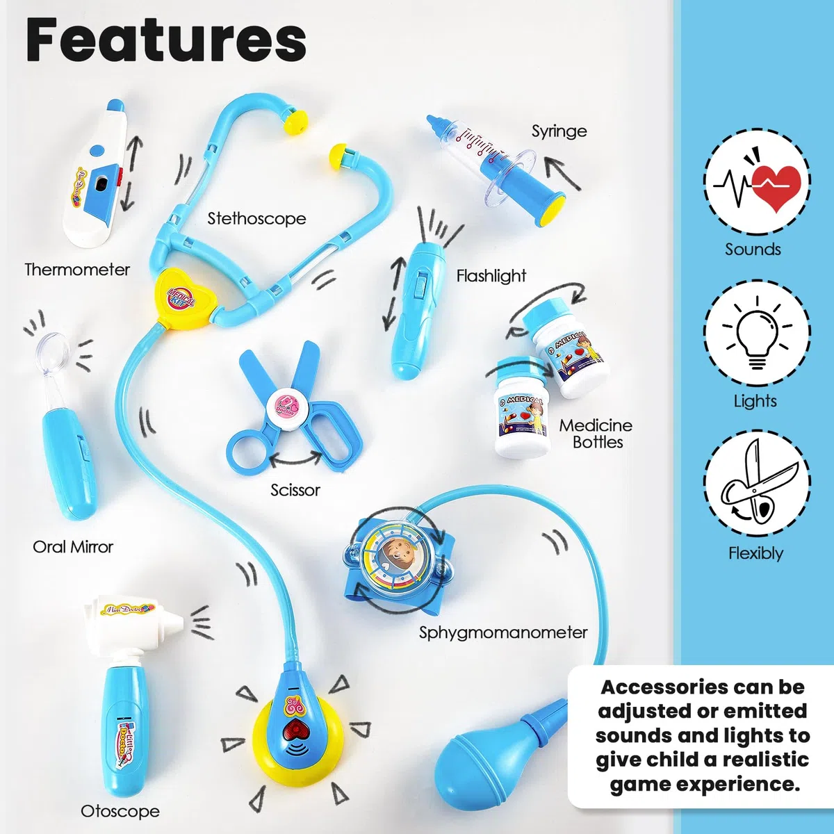 BUYGER Malette Docteur Enfant Jouet avec Déguisement de Docteur, Kit Medecin Outils Stetoscope Cadeau pour Garçon et Fille (Bleu)