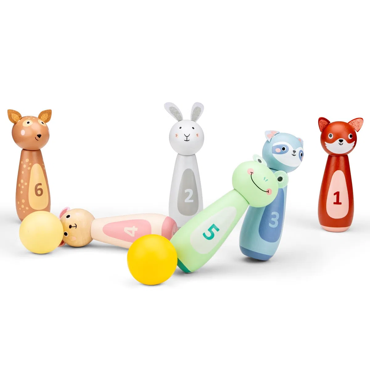 Woet® Jouet Bowling en Bois pour Enfants – Set avec 6 Quilles Animaux et 2 Boules – Jeu Intérieur Coloré pour Développement de la Motricité – À Partir de 3 Ans – Cadeau Filles et Garçons